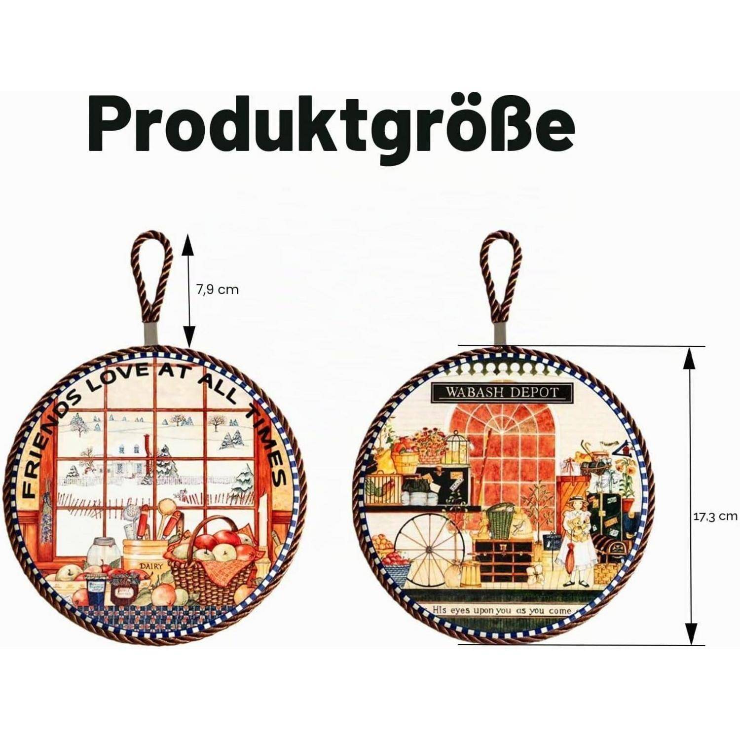 Produktgrößen-Grafik mit zwei runden Hängekeramiken; jede ist 17,3 cm groß, wobei die Schlaufe/der Riemen 7,9 cm misst.