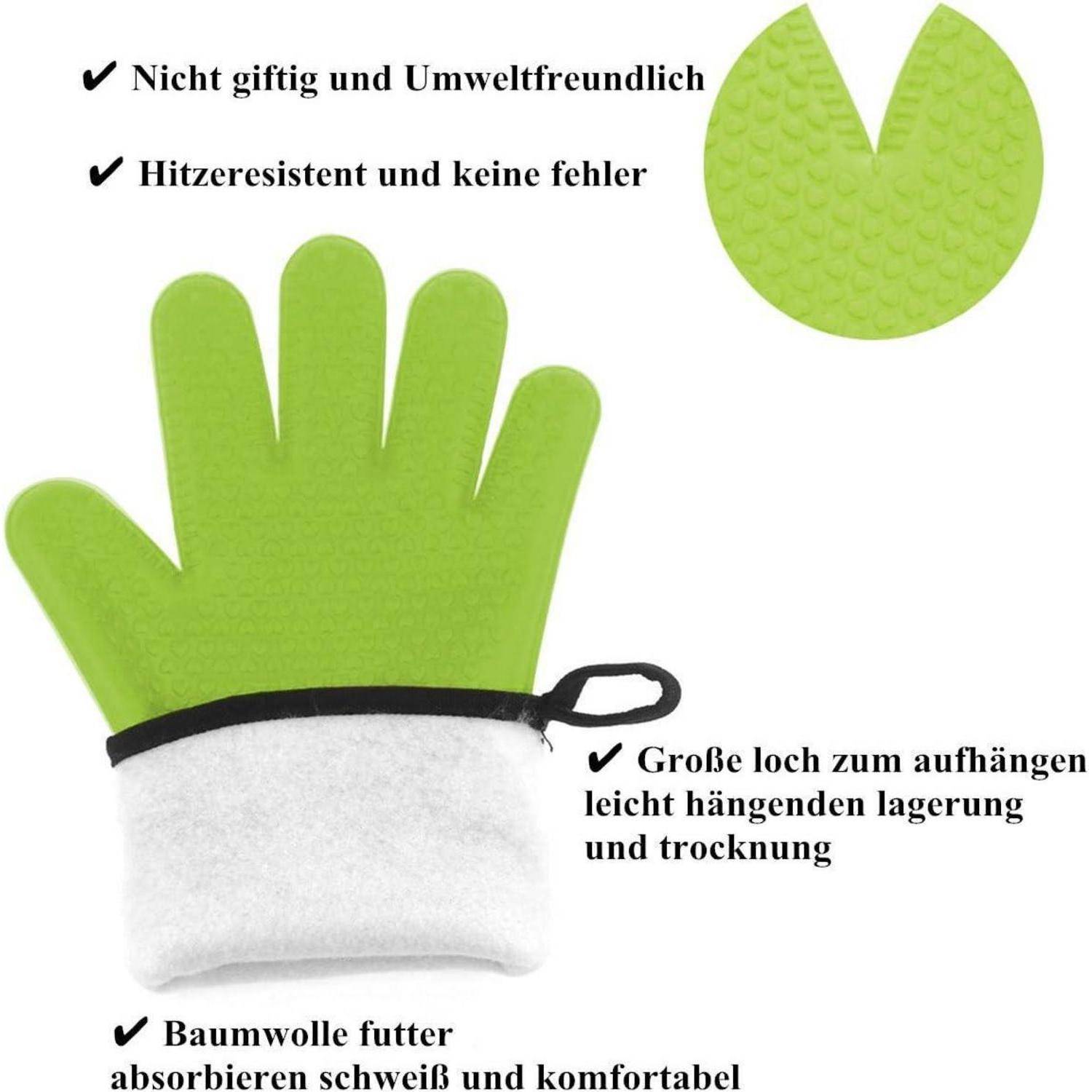Grüner Ofenhandschuh mit weißem Bündchen und Aufhängeschleife, gezeigt mit deutschem Text, das hervorhebt, dass er ungiftig, hitzebeständig und leicht zu hängen und zu trocknen ist.