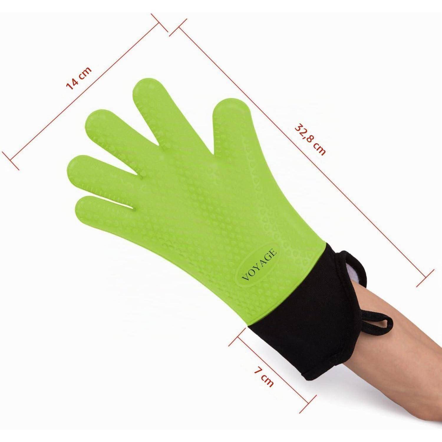 Grüner Silikonhandschuh mit fünf Fingern an einer Hand, mit gekennzeichneten Maßen von 32,8 cm Länge, 14 cm Breite und 7 cm Manschettenbreite.