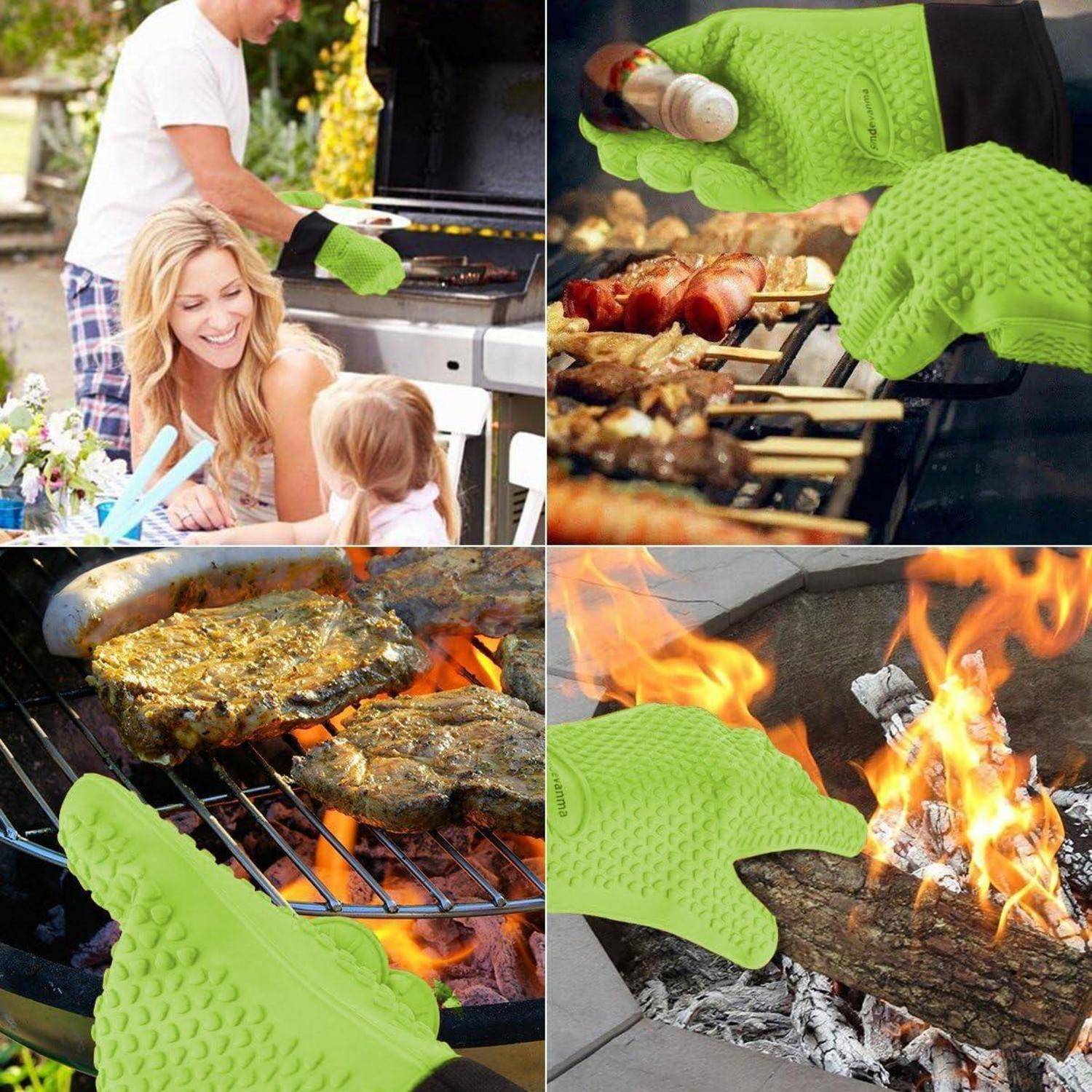 Collage einer Person, die hellgrüne hitzebeständige Grillhandschuhe trägt, um heißes Essen, Spieße und Holzscheite auf einem Grill und einer Feuerstelle zu handhaben.
