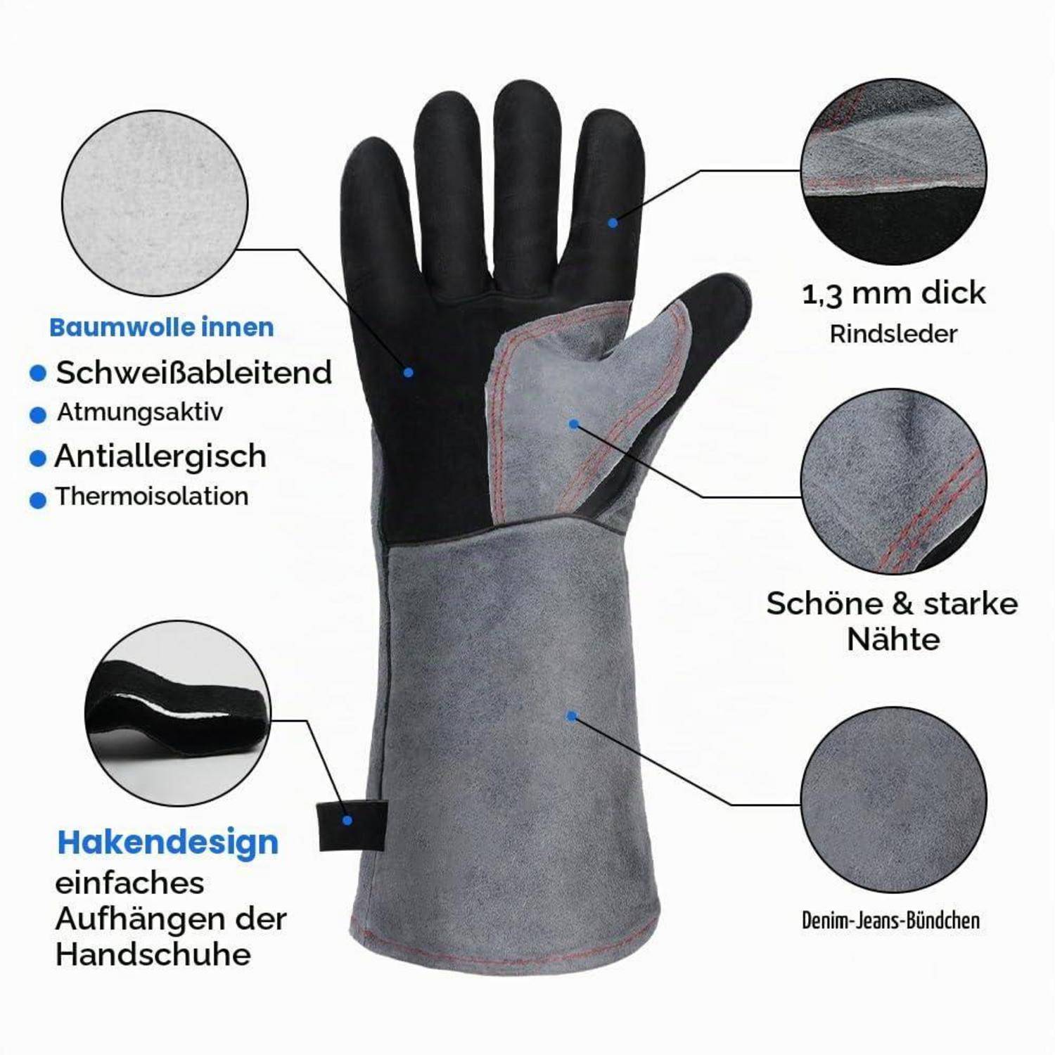 Illustrierter Arbeitshandschuh mit schwarzem Lederhandflächen und grauem Bündchen, gekennzeichnet mit folgenden Merkmalen: Baumwollfutter, schweißabsorbierend, atmungsaktiv, allergiefrei, Wärmeisolierung, 1,3 mm dickes Leder, starke Nähte und Aufhängeschlaufe.