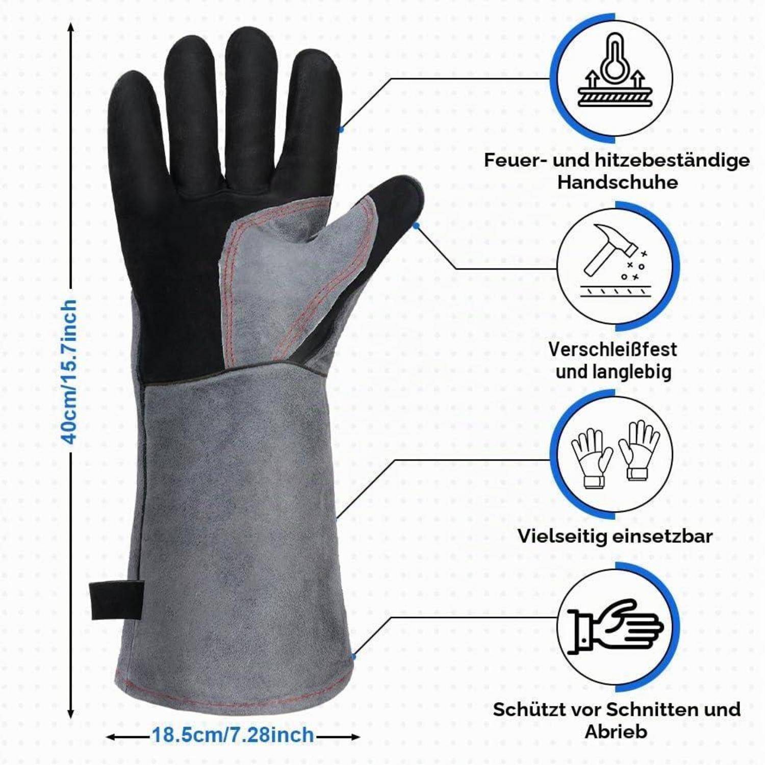 Illustration eines grau-schwarzen Schutzhandschuhs, 40 cm lang und 18,5 cm breit, mit Betonung auf Wärmeschutz, Haltbarkeit, Vielseitigkeit und Schnitt- sowie Abriebschutz.
