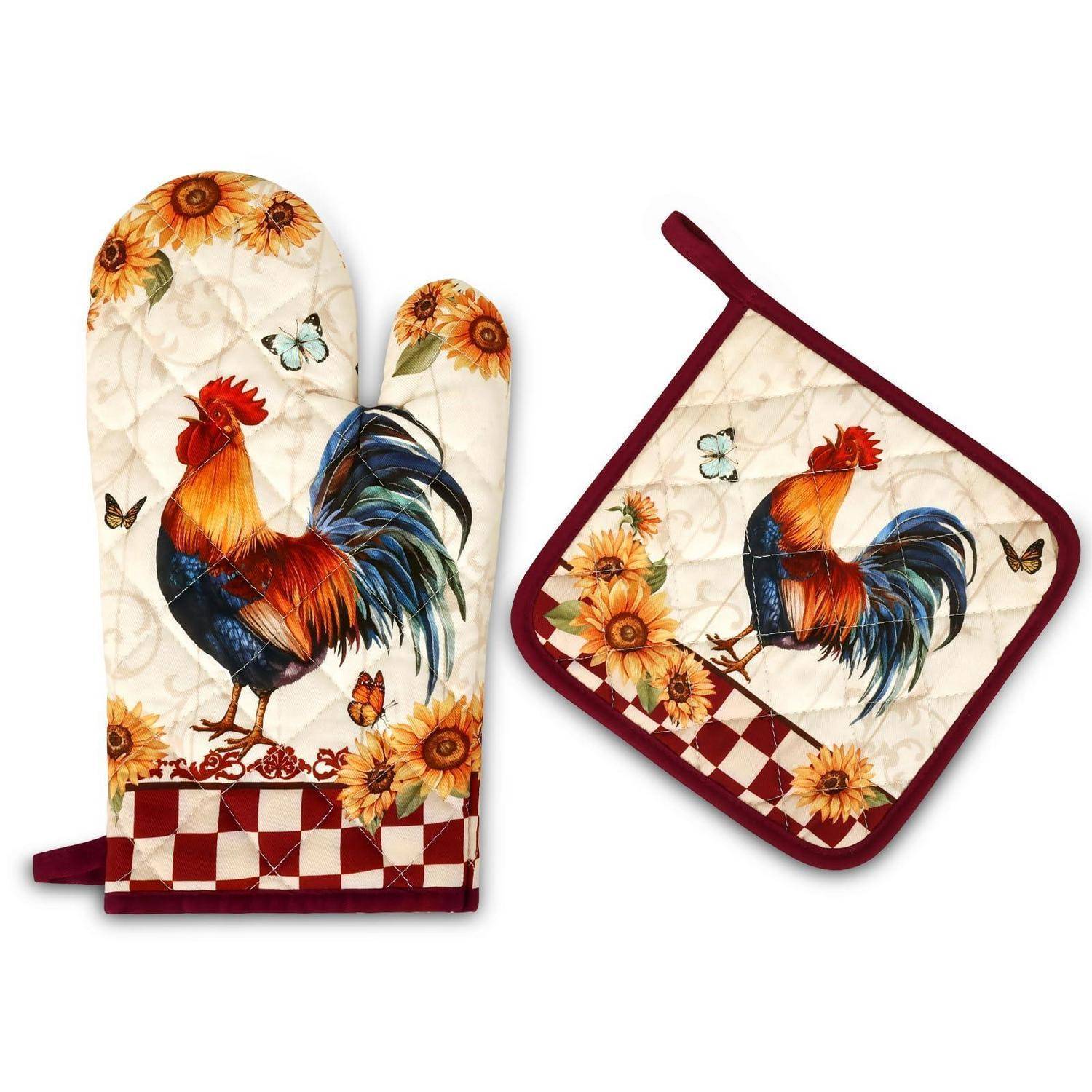 Hahn-Motiv Ofenhandschuh für die Küche und passender Topflappen mit Sonnenblumen- und Schmetterlingsdruck auf cremefarbenem Stoff, trimmed mit Burgunderrot.