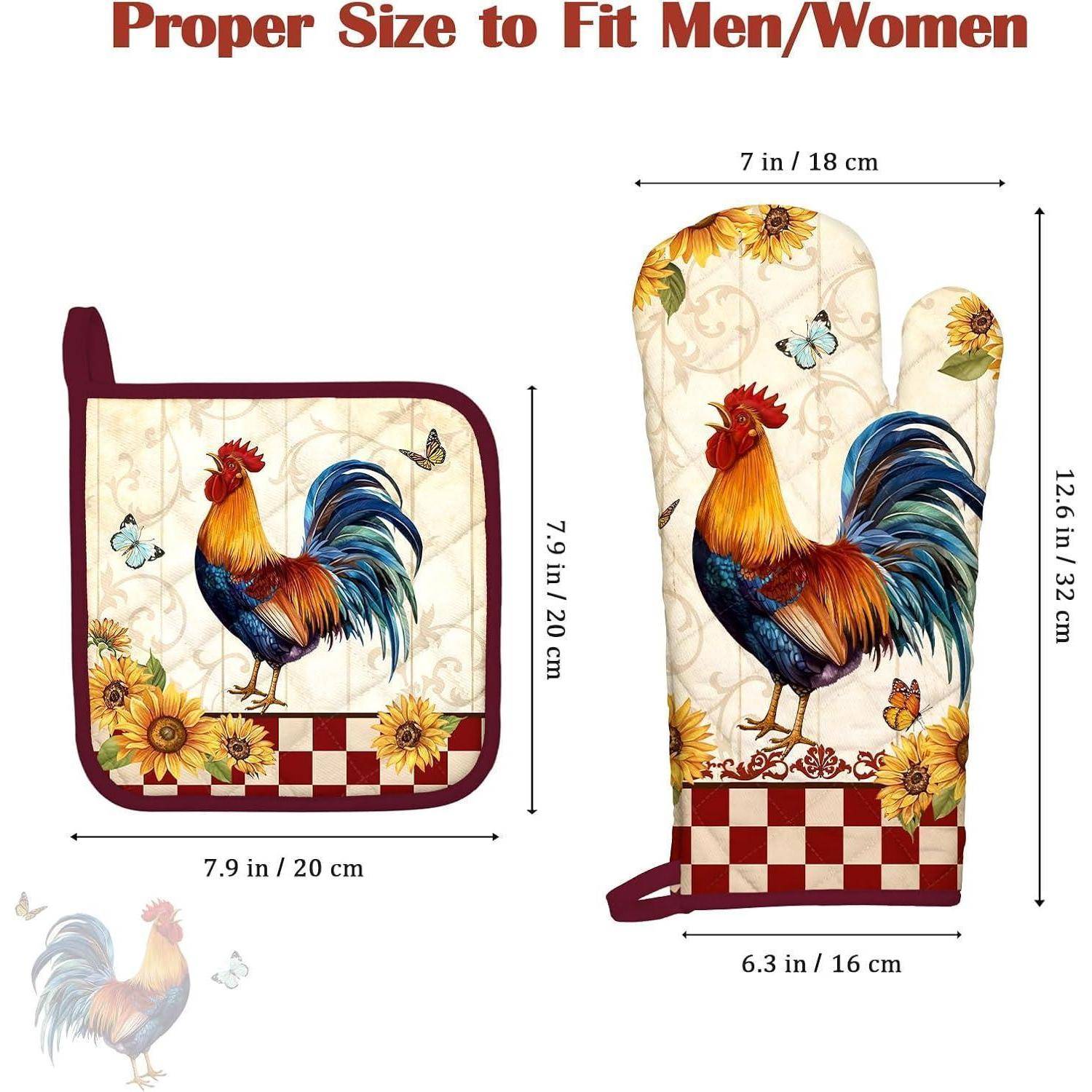 Größenleitfaden mit einem Ofenhandschuh und Topflappen mit Hahnmuster und Abmessungen für Herren/Damen: Handschuh 12,6 x 7 Zoll, Halter 7,9 x 7,9 Zoll und 6,3 x 7 Zoll.