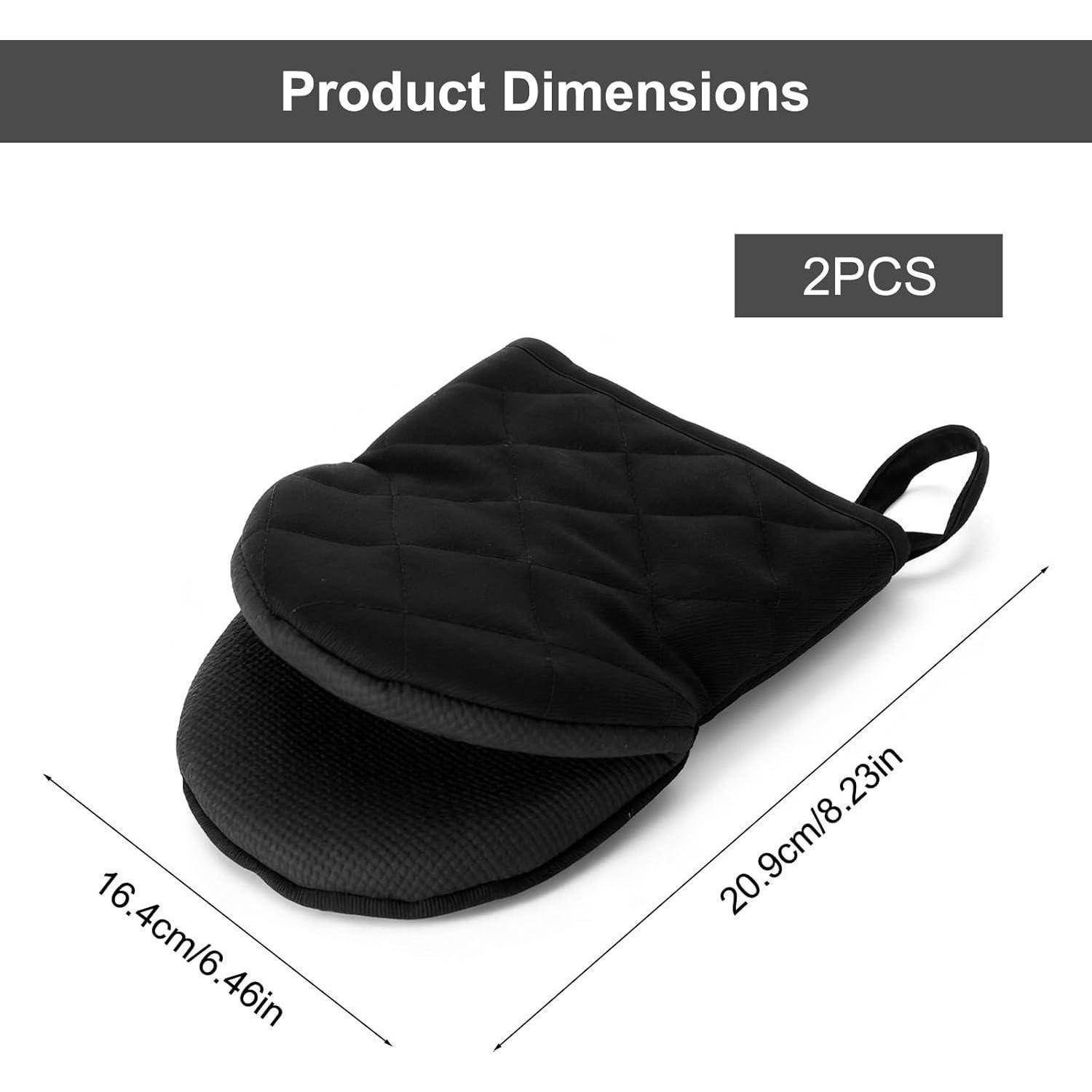 Produktabmessungen-Diagramm für einen schwarzen Ofenhandschuh/Topflappen: 20,9 cm lang und 16,4 cm breit, gekennzeichnet mit „2er-Set
