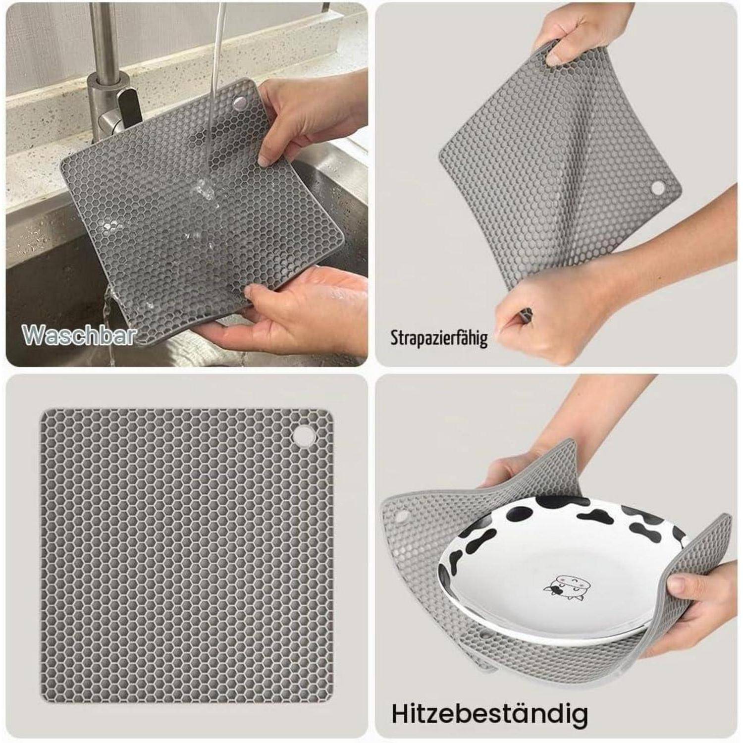 Collage mit einer grauen Silikonmatte mit Sechskantmuster, die gewaschen, gedehnt und als hitzebeständige Untersetzer unter einem Teller verwendet wird; deutsche Etiketten sagen „Waschbar