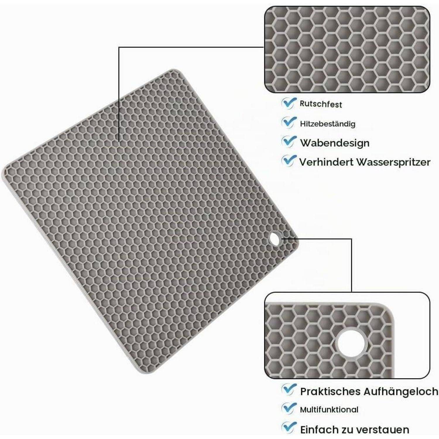 Graue sechseckige Silikonmatte in schräger Perspektive dargestellt, mit Nahaufnahmen der strukturierten Oberfläche und des Aufhängelochs; deutsche Beschriftungen listen die Eigenschaften rutschfest, hitzebeständig, wasserabweisend und multifunktional auf.
