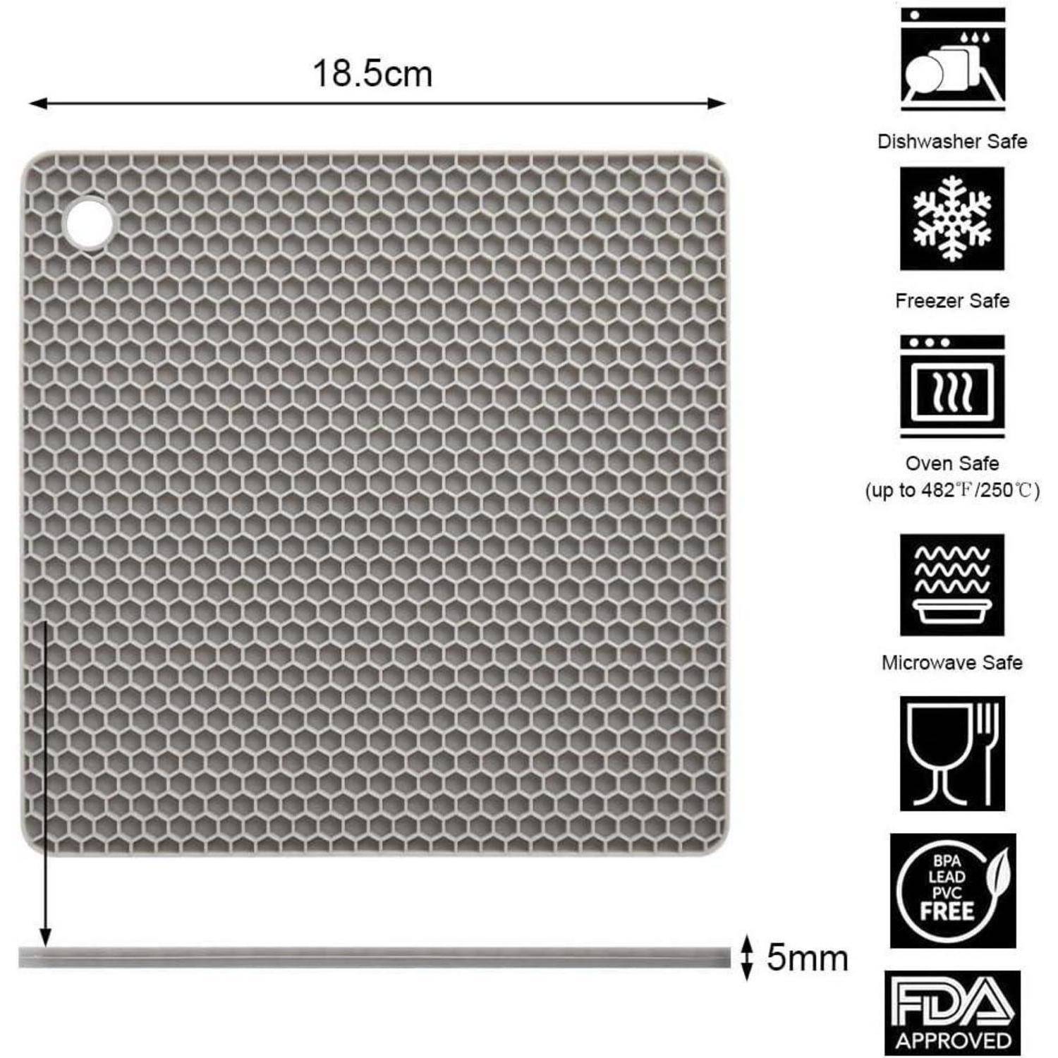 Quadratische Wabenmuster-Matte, 18,5 cm breit und 5 mm dick, mit Loch; Symbole zeigen spülmaschinensicher, gefrierschrankgeeignet, ofengeeignet, mikrowellensicher und BPA-blei­frei, FDA-genehmigt.
