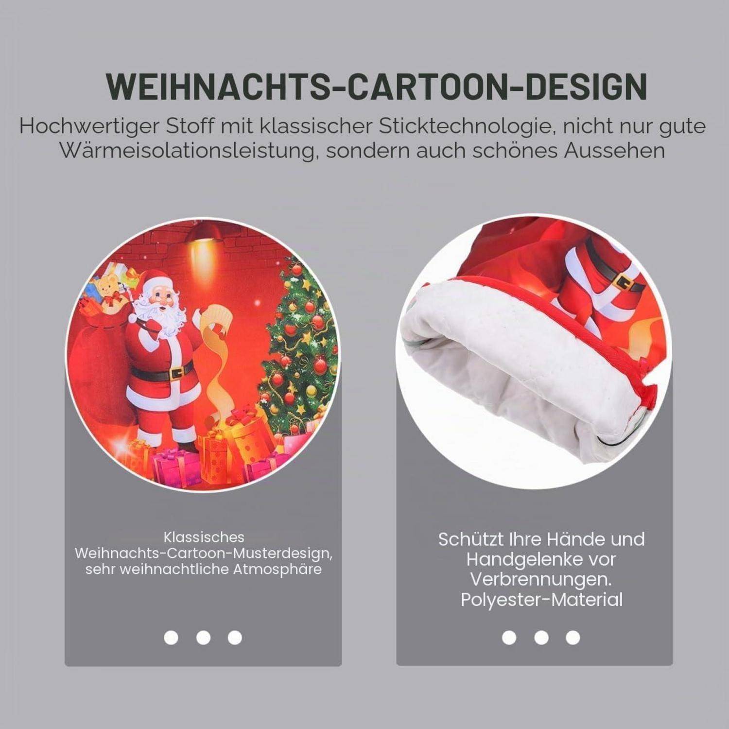 Weihnachts-Cartoon-Designstoff mit Santa-Grafiken und weihnachtlichem Ofenhandschuh, der Hände und Handgelenke vor Verbrennungen schützt.