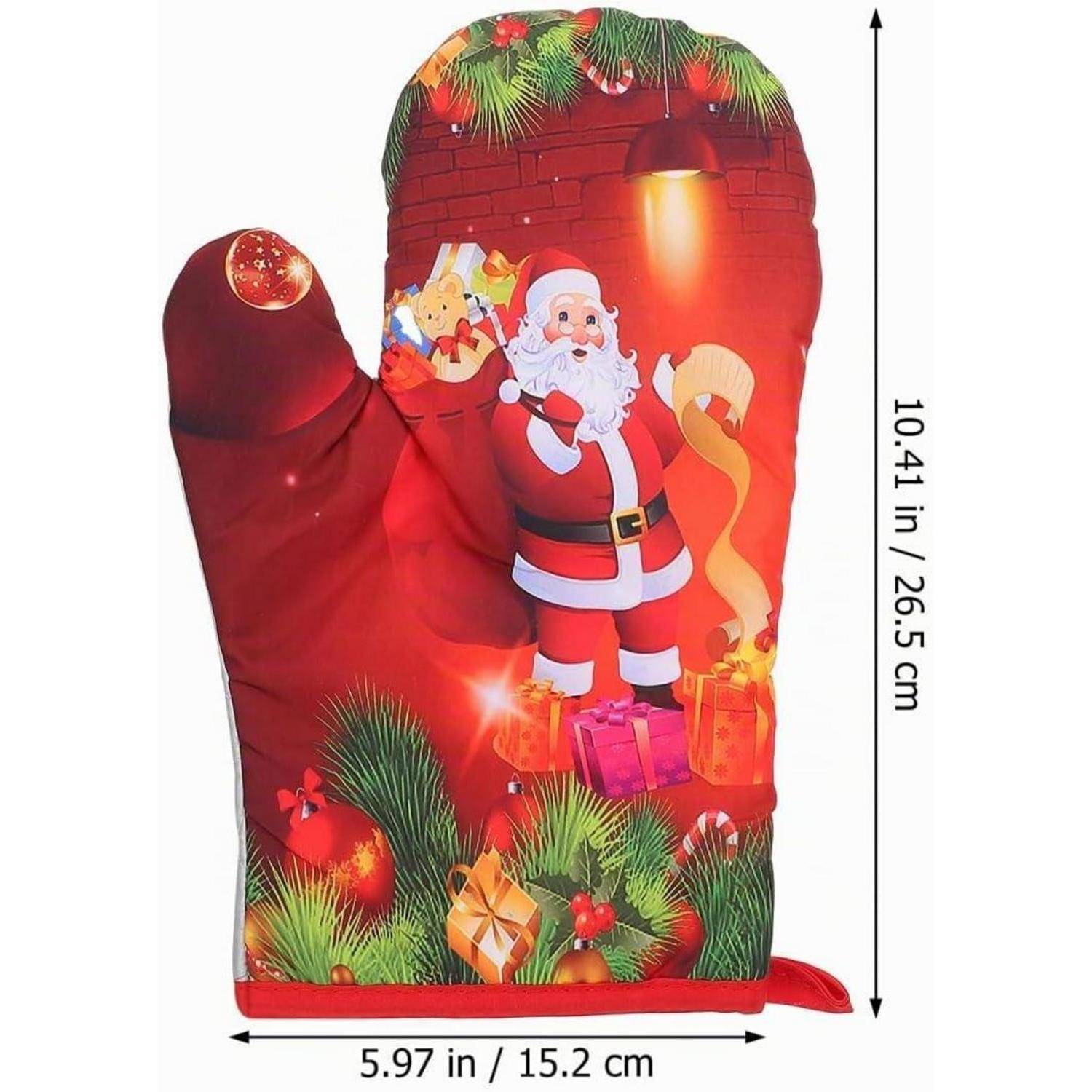 Weihnachts-Ofenhandschuh mit dem Weihnachtsmann, Geschenken und Weihnachtsdekoration; Größe 10,41 x 5,97 Zoll (26,5 x 15,2 cm).