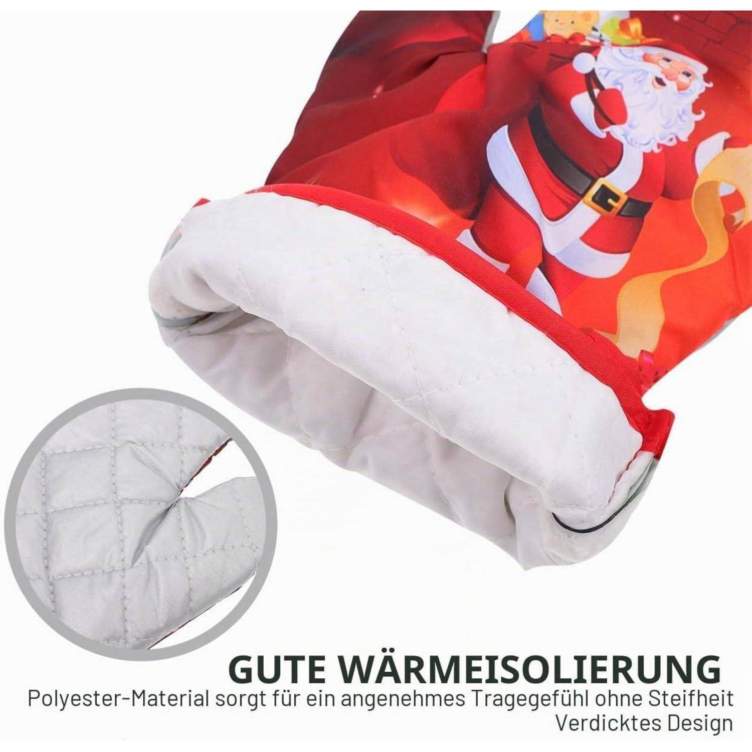 Roter Weihnachtssack mit weißer gesteppter Innenfütterung, gezeigt mit einer Nahaufnahme; Deutscher Text sagt „GUTE WÄRMEISOLIERUNG