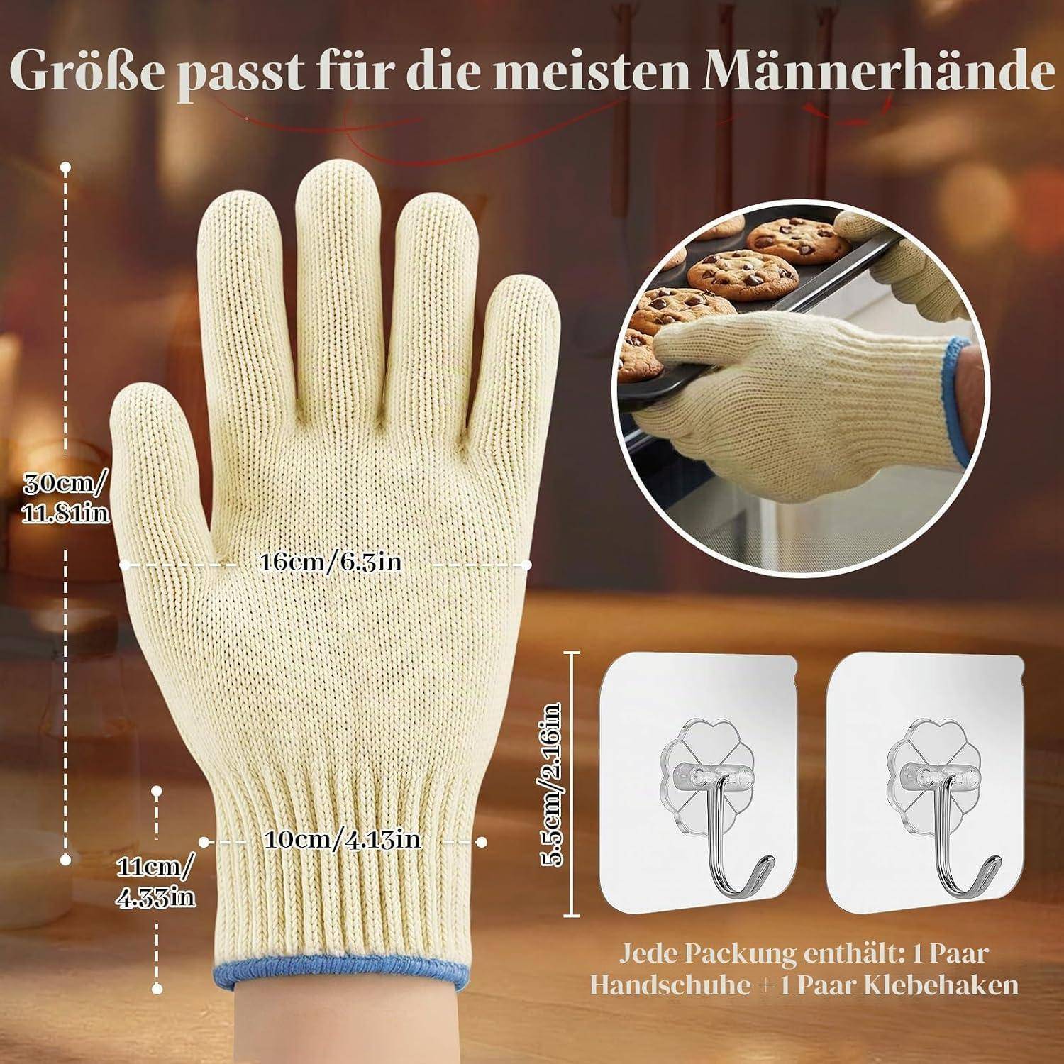 Werbebild eines beigen Handschuhs mit Größenangaben; der Text besagt, dass er den meisten Männerhänden passt und enthält 1 Paar Handschuhe und 1 Paar Klebehaken.