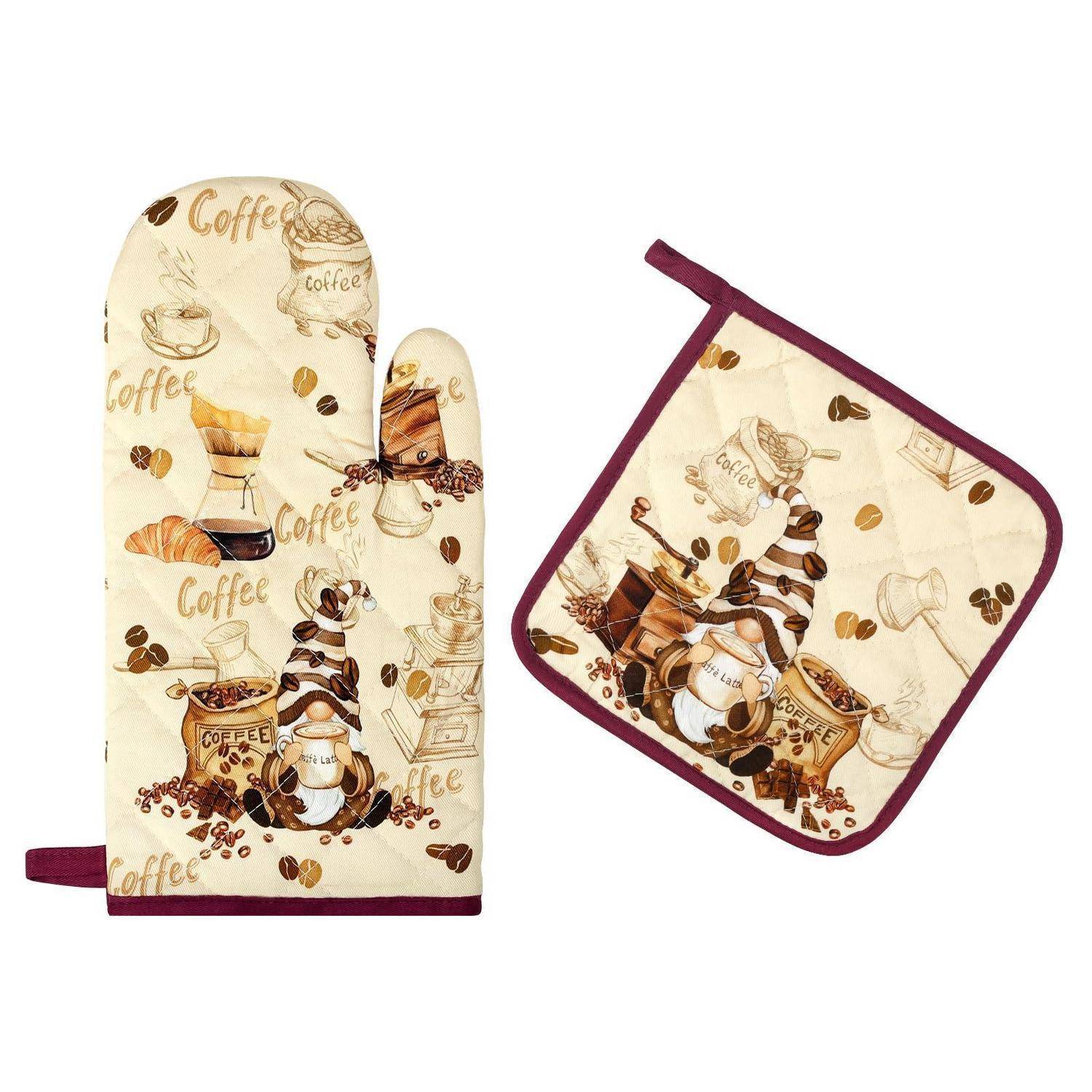 Ofenhandschuh und Topflappen 2er-Set Baumwolle Kaffee-Motiv hitzebeständig