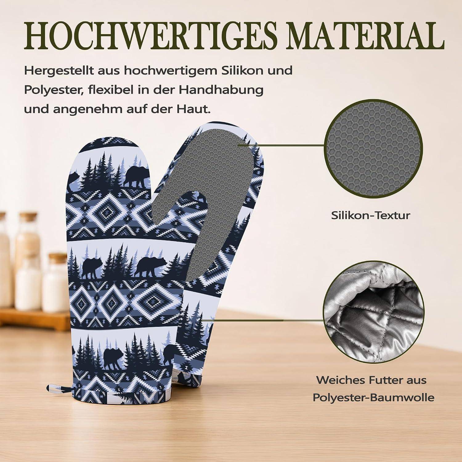 Werbung für Ofenhandschuhe mit gemusterten Handschuhen und Nahaufnahmen mit den Beschriftungen 