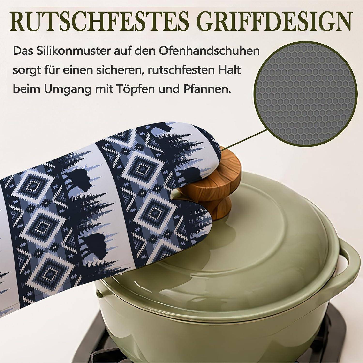 Abbildung eines Ofenhandschuhs mit Silikongriffmuster, das einen Topfdeckel hält; deutscher Text bewirbt „Rutschfestes Griffdesign