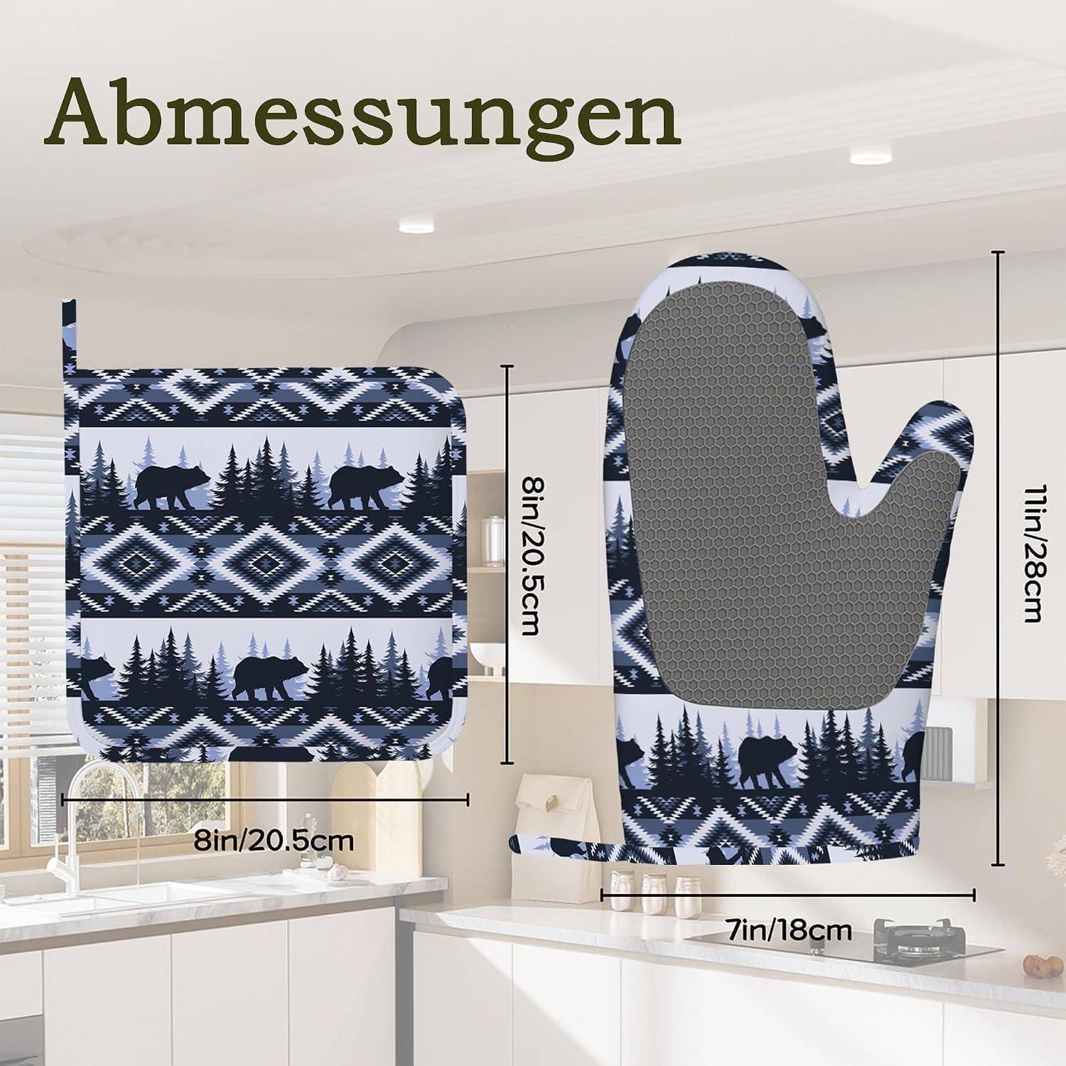 Abbildung von zwei gemusterten Ofenhandschuhen mit beschrifteten Abmessungen: quadratischer Handschuh 8 Zoll/20,5 cm und Faustling-Handschuh 11 Zoll/28 cm.