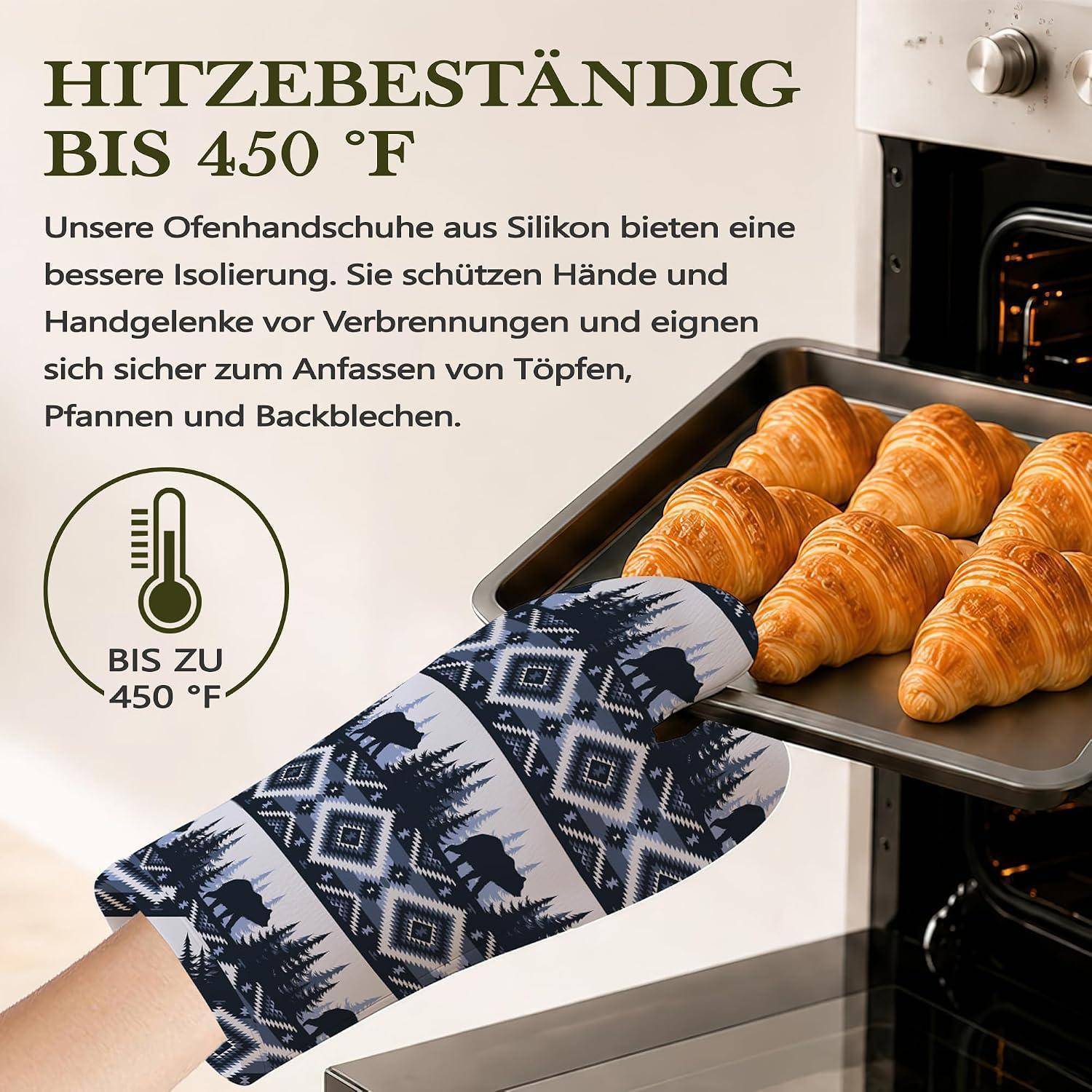 Werbeanzeige zeigt einen Silikon-Ofenhandschuh, der ein heißes Backblech mit Croissants hält, mit deutschem Text, der Hitzebeständigkeit bis zu 450 °F und bessere Isolierung angibt.
