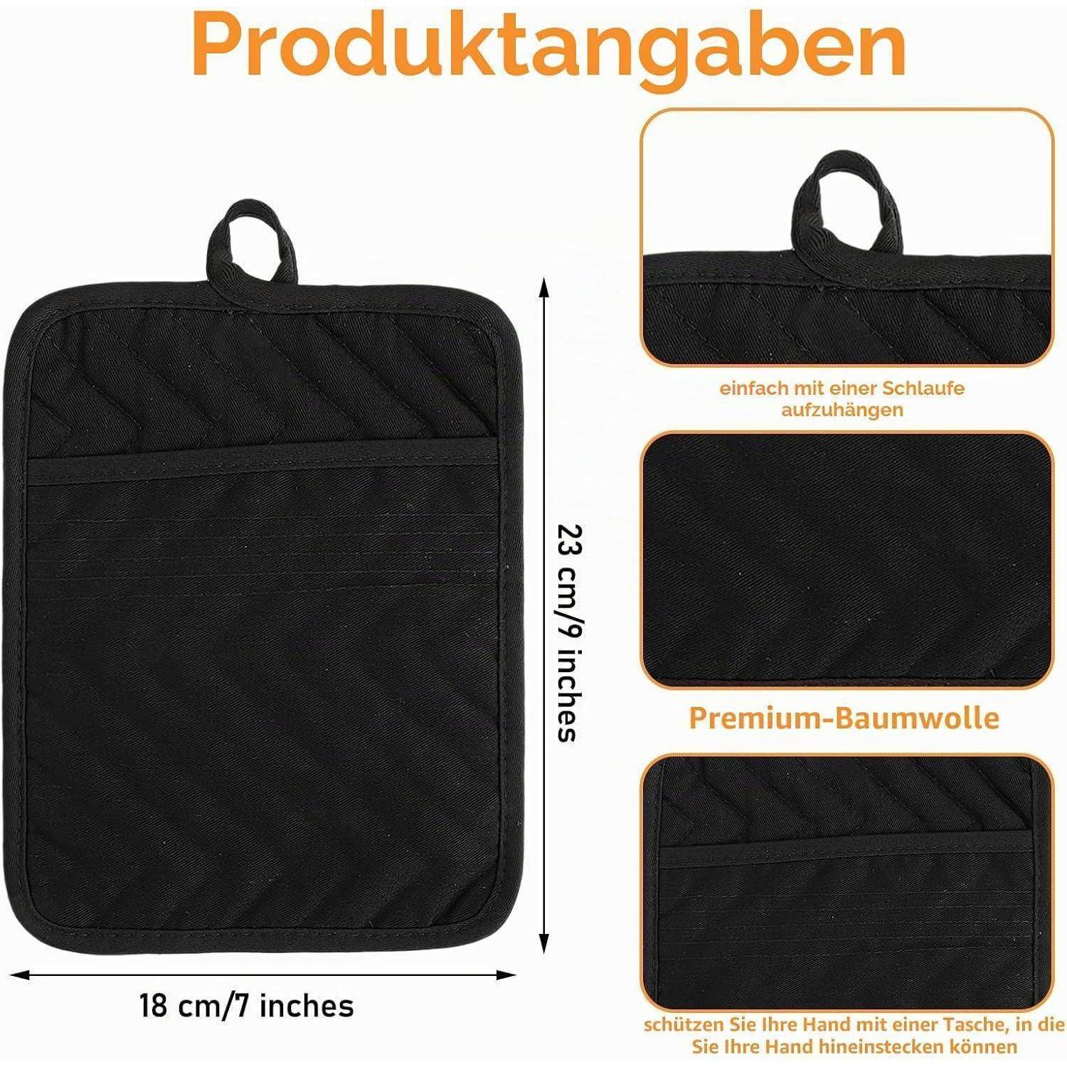 Produktinformationen Grafik für schwarze gepolsterte Topflappen: 23 cm x 18 cm, mit Aufhängeschlaufe, Premium-Baumwolle und Handtasche.