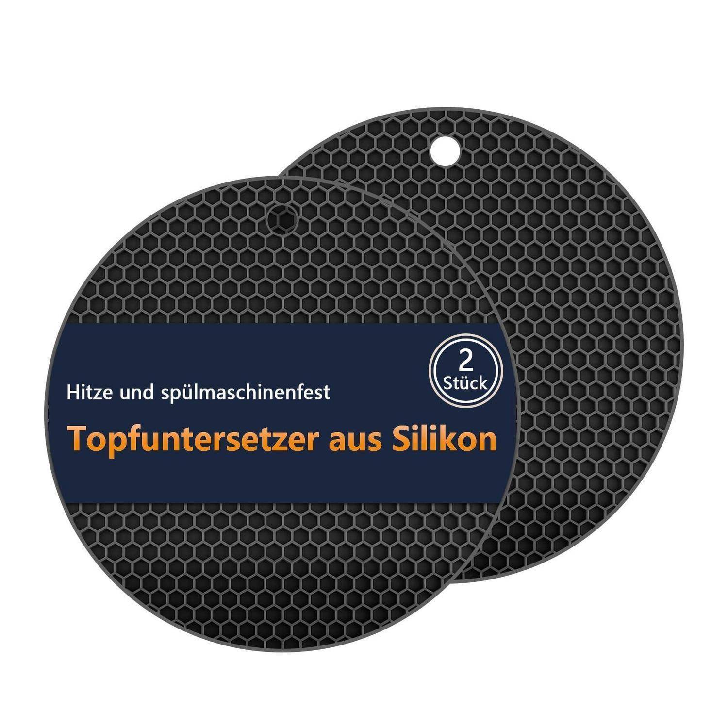 Packung mit 2 schwarzen Silikon-Topfuntersetzern mit Wabenmuster, gekennzeichnet in Deutsch als hitze- und spülmaschinenfest.