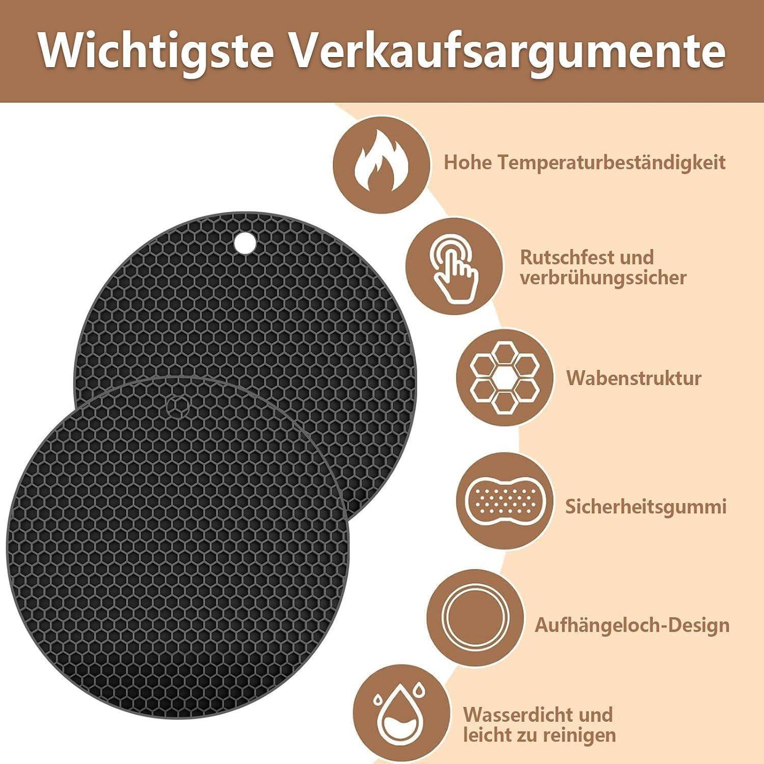 Infografik zweier runder schwarzer Wabenmatte mit Aufhängeloch, auf der die wichtigsten Verkaufsargumente aufgelistet sind: hohe Wärmbeständigkeit, rutschfest, Verbrühungsschutz, wasserdicht, leicht zu reinigen und Design mit Aufhängeloch.