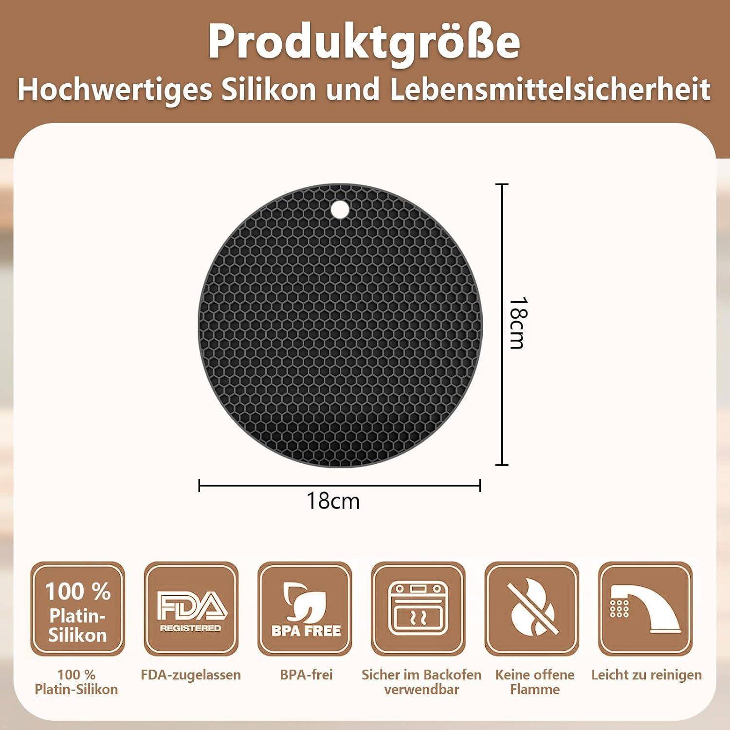 Produktgrößengrafik zeigt eine runde schwarze Silikonmatte, 18 cm x 18 cm, mit Symbolen, die angeben: 100% Platin-Silikon, FDA-registriert, BPA-frei, backofengeeignet, keine offene Flamme und leicht zu reinigen.