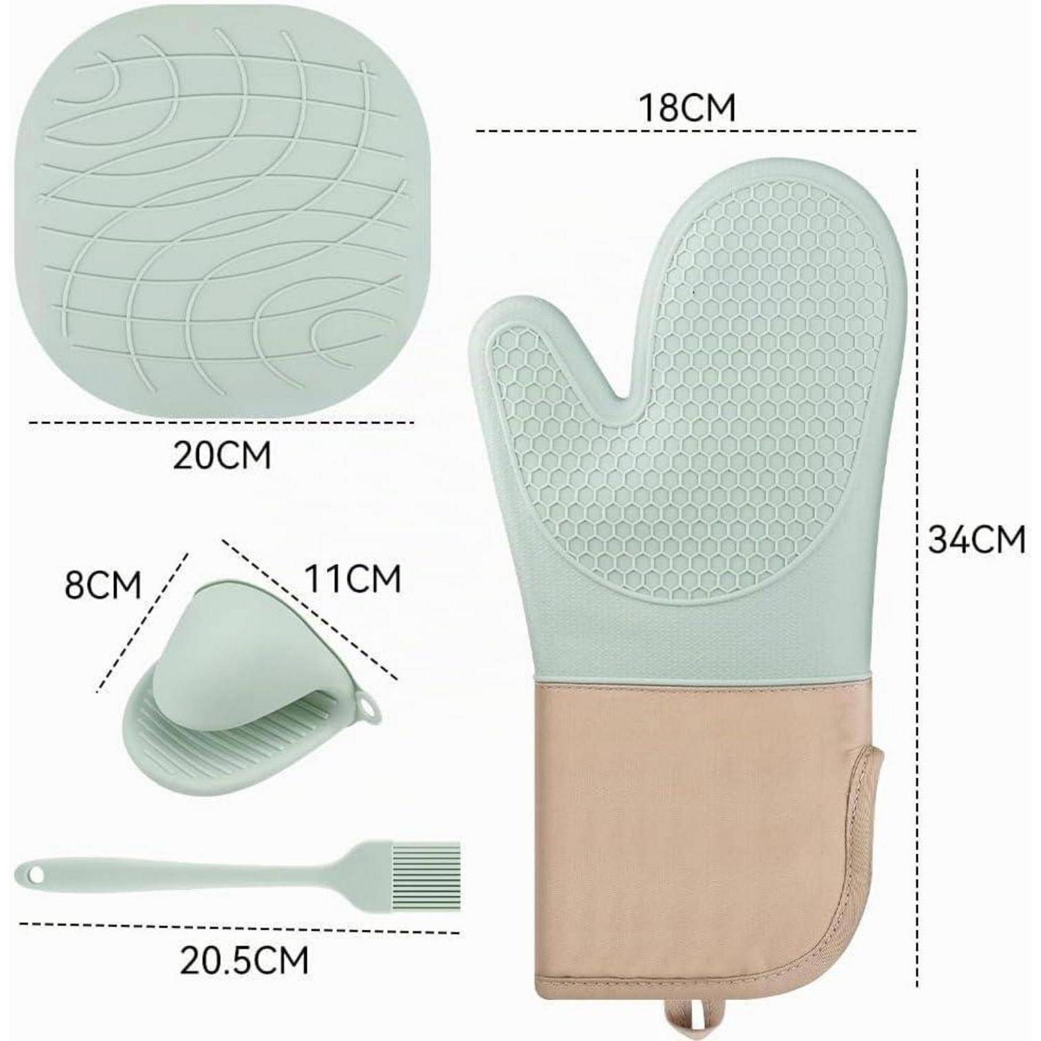 Produktgrößendiagramm mit einem mintgrünen Ofenhandschuh-Set und passendem Pinsel, mit Maßangaben 34CM, 18CM, 20CM, 11CM, 8CM und 20.5CM.