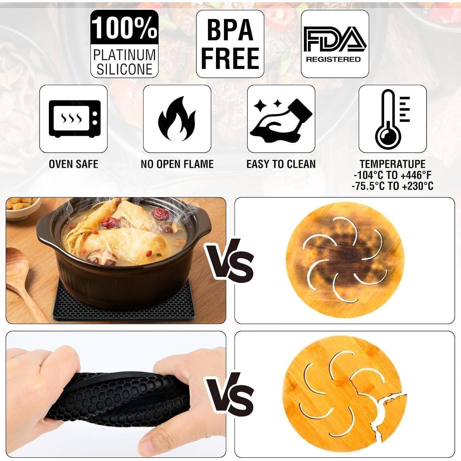 Werbeischer Vergleich für eine Silikonbackform: 100% Platin-Silikon, BPA-frei, FDA-registriert, ofenfest, keine offene Flamme, leicht zu reinigen, Temperaturbereich -104°F bis 446°F; zeigt flexible vs. gerissene Backform.