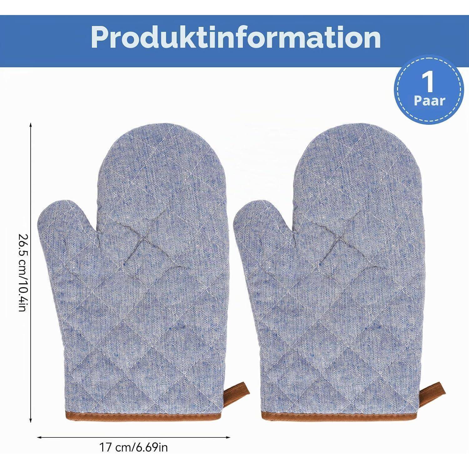 Produktinformationsbild mit einem Paar gesteppter blauer Ofenhandschuhe mit Abmessungen von 26,5 cm Höhe und 17 cm Breite.