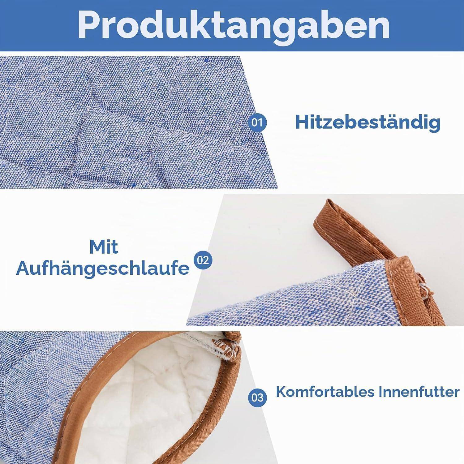 2 Stück Ofenhandschuhe hitzebeständig Baumwolle Blau mit Aufhängeschlaufe