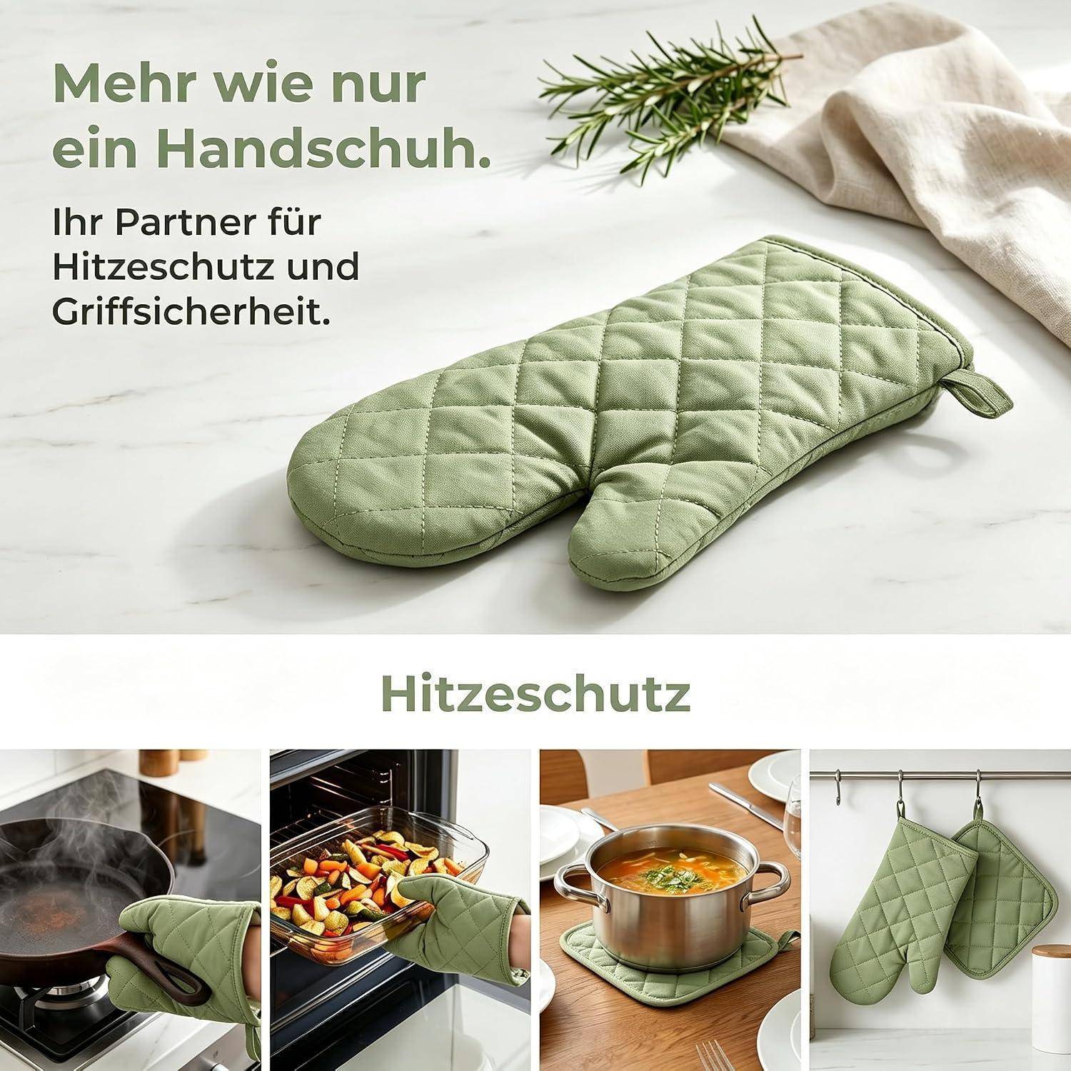 Ofenhandschuh-Set 4-teilig, hitzebeständig 500 Grad, Baumwolle, grün