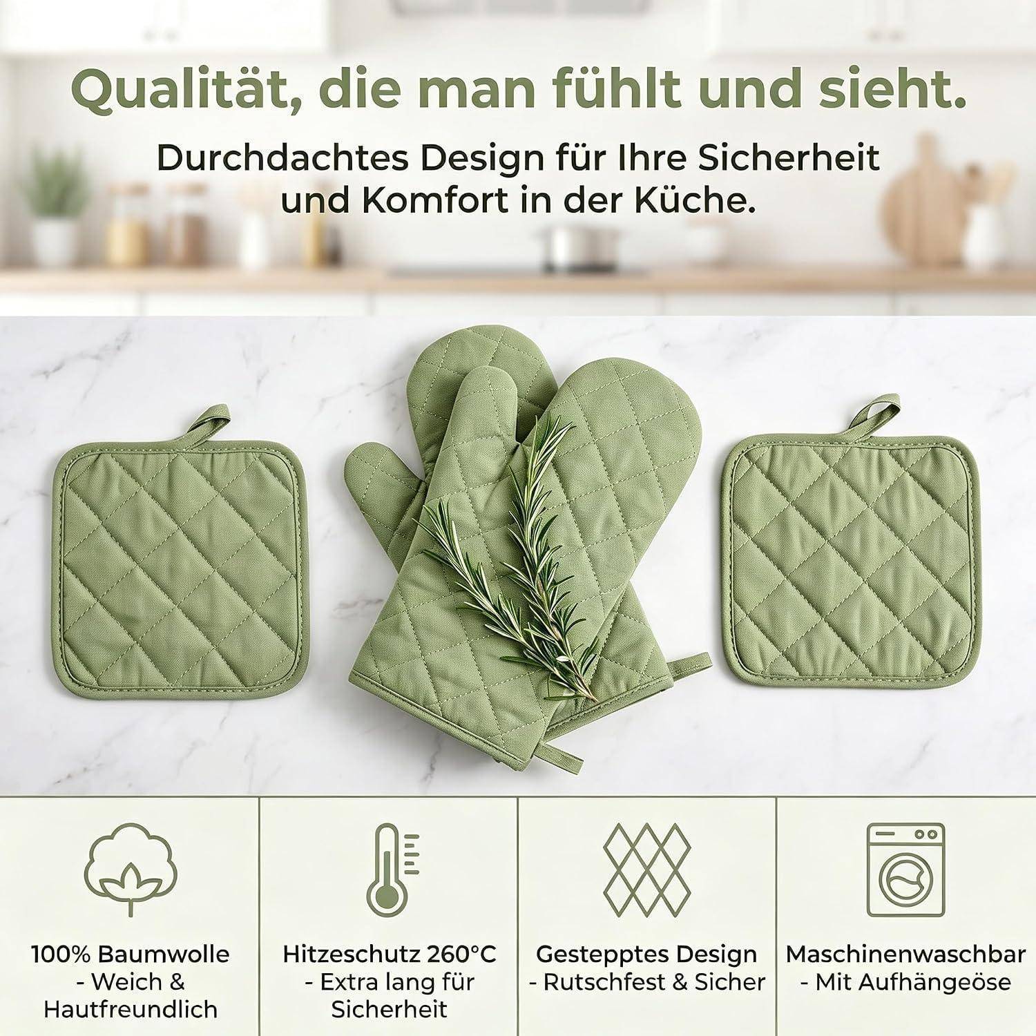 Ofenhandschuh-Set 4-teilig, hitzebeständig 500 Grad, Baumwolle, grün