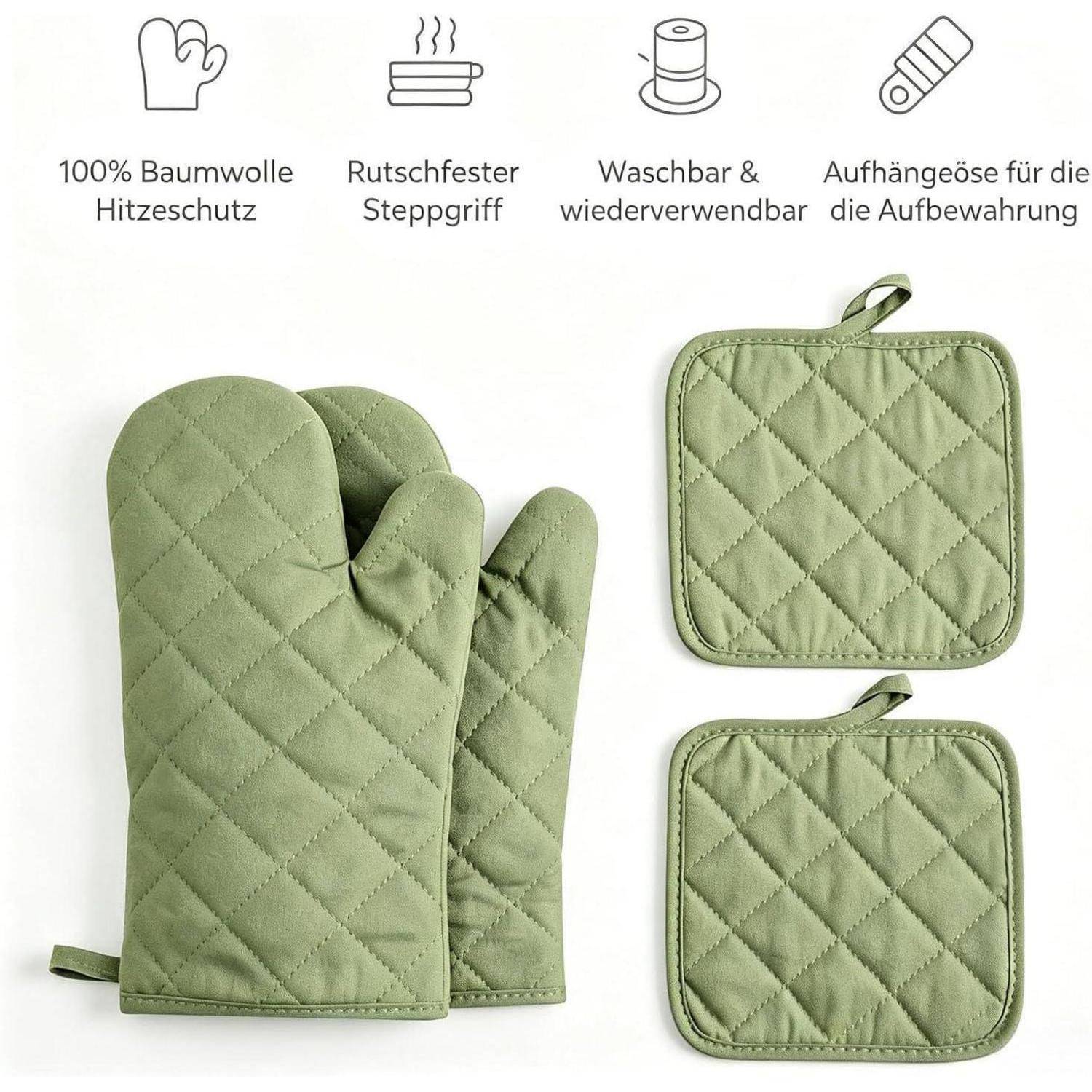 Grüne gesteppte Ofenhandschuhe und passende Topflappen, gezeigt mit Symbolen für 100% Baumwolle, Wärmeschutz, rutschfeste Griffigkeit, waschbar/wiederverwendbar und Aufhängeschlaufe.