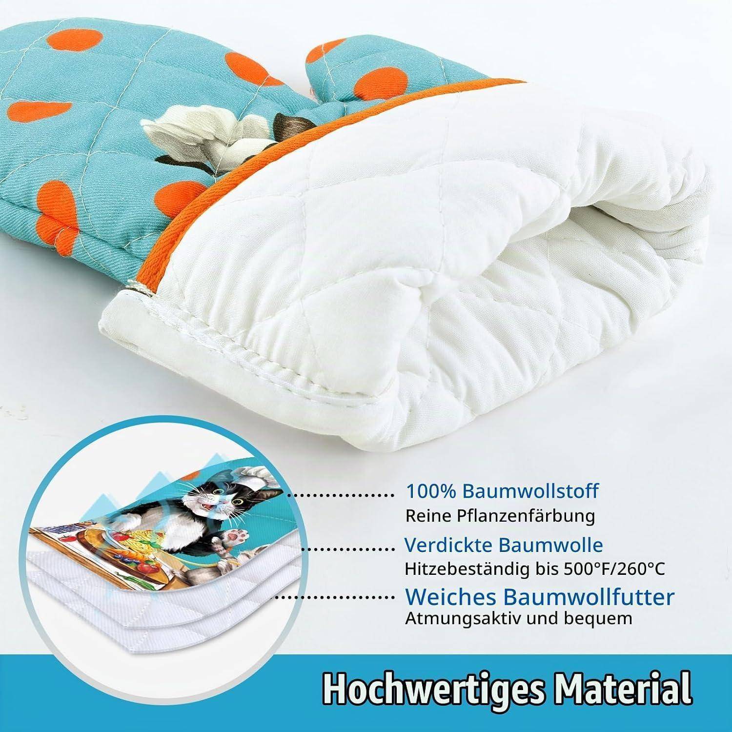 Ofenhandschuh und Topflappen 2er-Set Baumwolle Katze Motiv