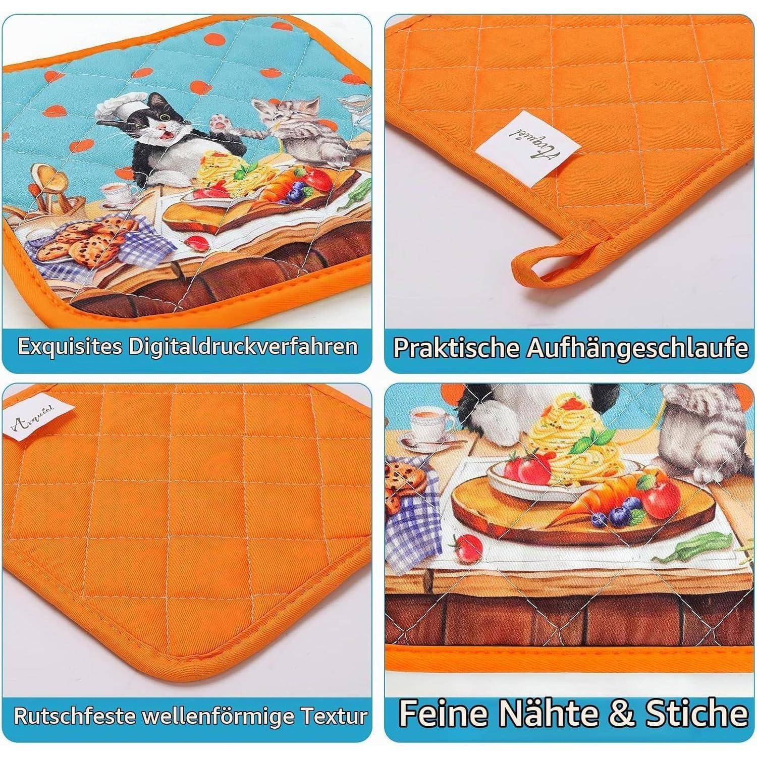 Ofenhandschuh und Topflappen 4er-Set Baumwolle Katze Motiv