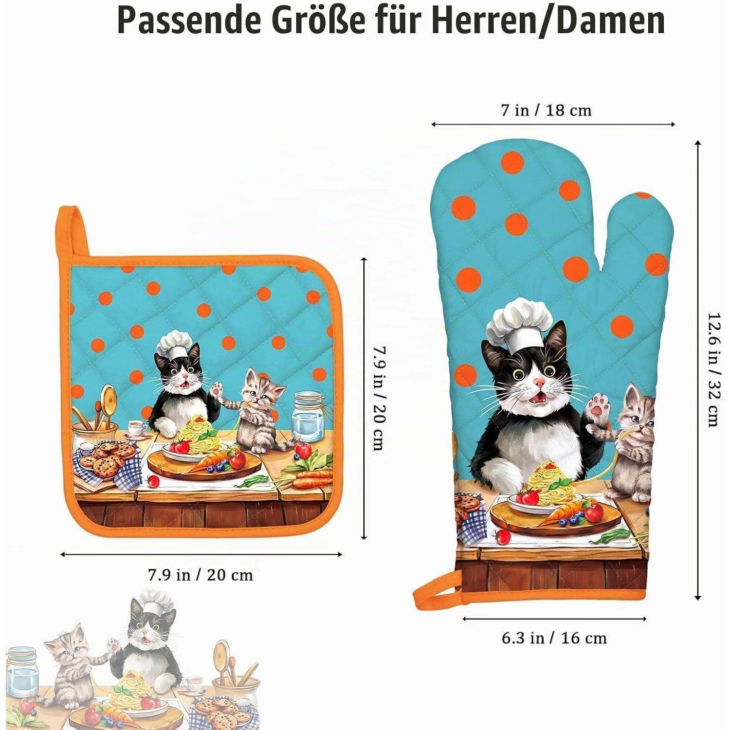 Illustration eines Ofenhandschuhs und Topflappens mit Katzenkoch-Design; die Beschriftungen zeigen Handschuh 12,6 x 6,3 Zoll und Topflappen 7,9 x 7,9 Zoll.