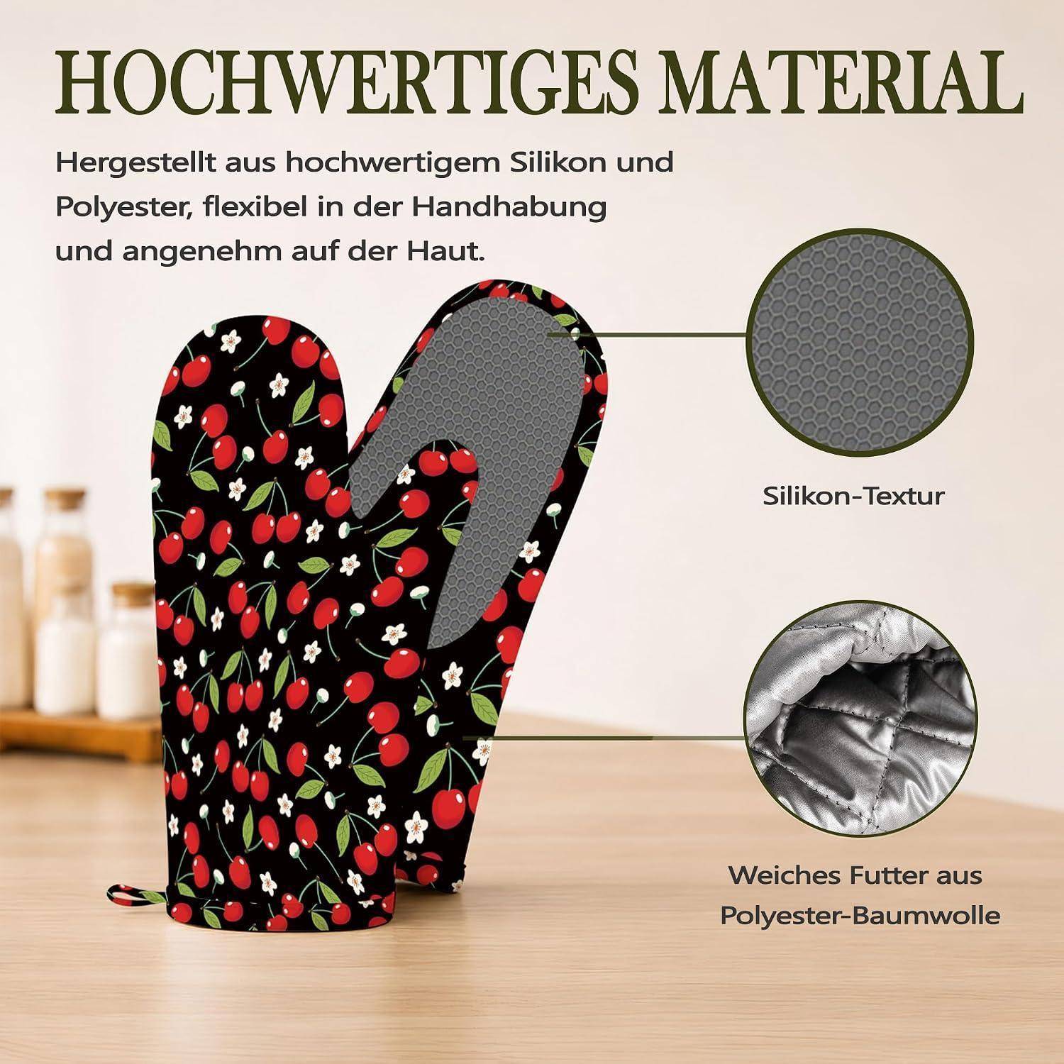 Promotional Bild von gemusterten Ofenhandschuhen mit deutschem Text, der „Hochwertiges Material