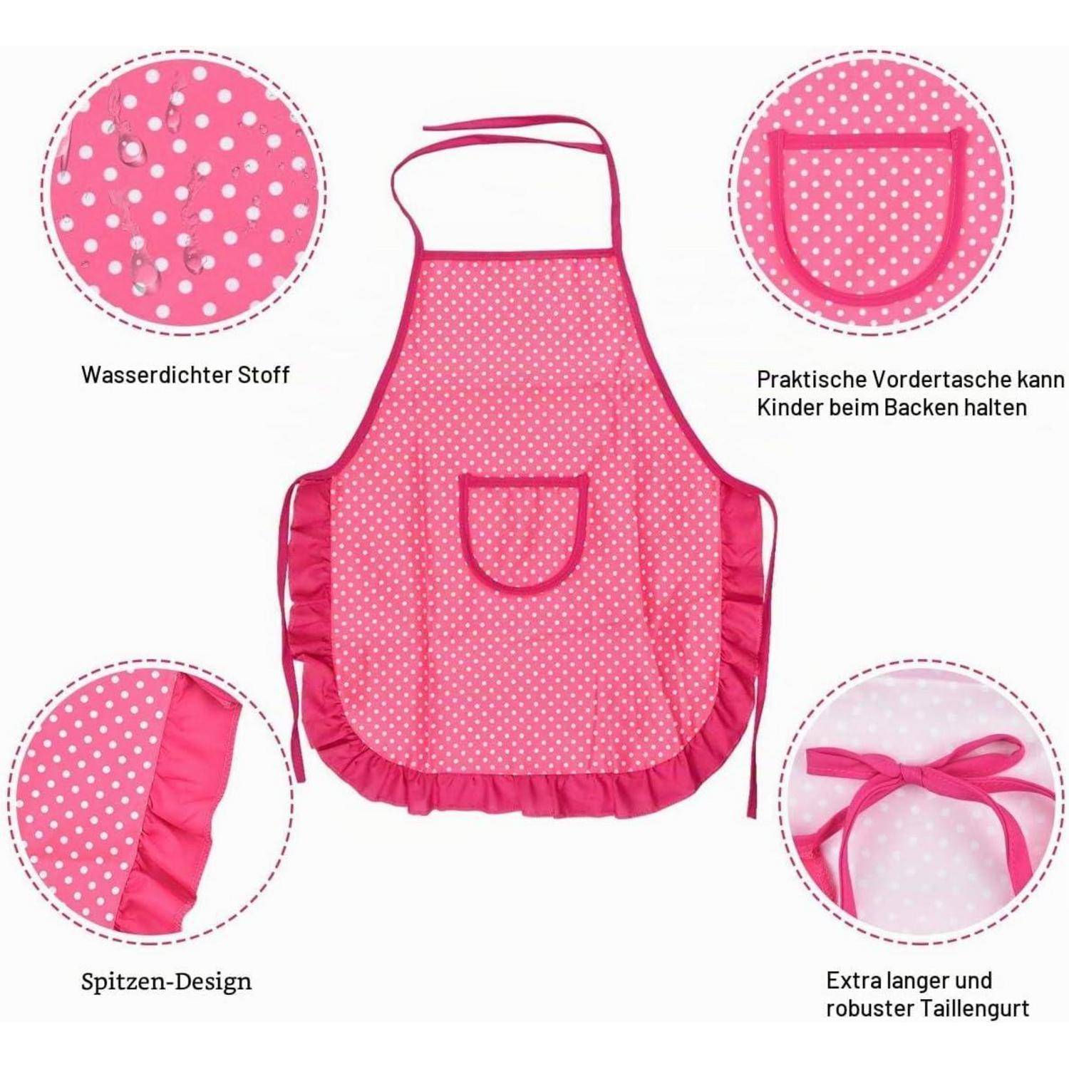 Rosa Kinderschürze mit Punkten und gerüschtem Saum, mit Beschriftungen für wasserdichtes Gewebe, vordere Tasche, Spitzenmuster und lange Taillenband.