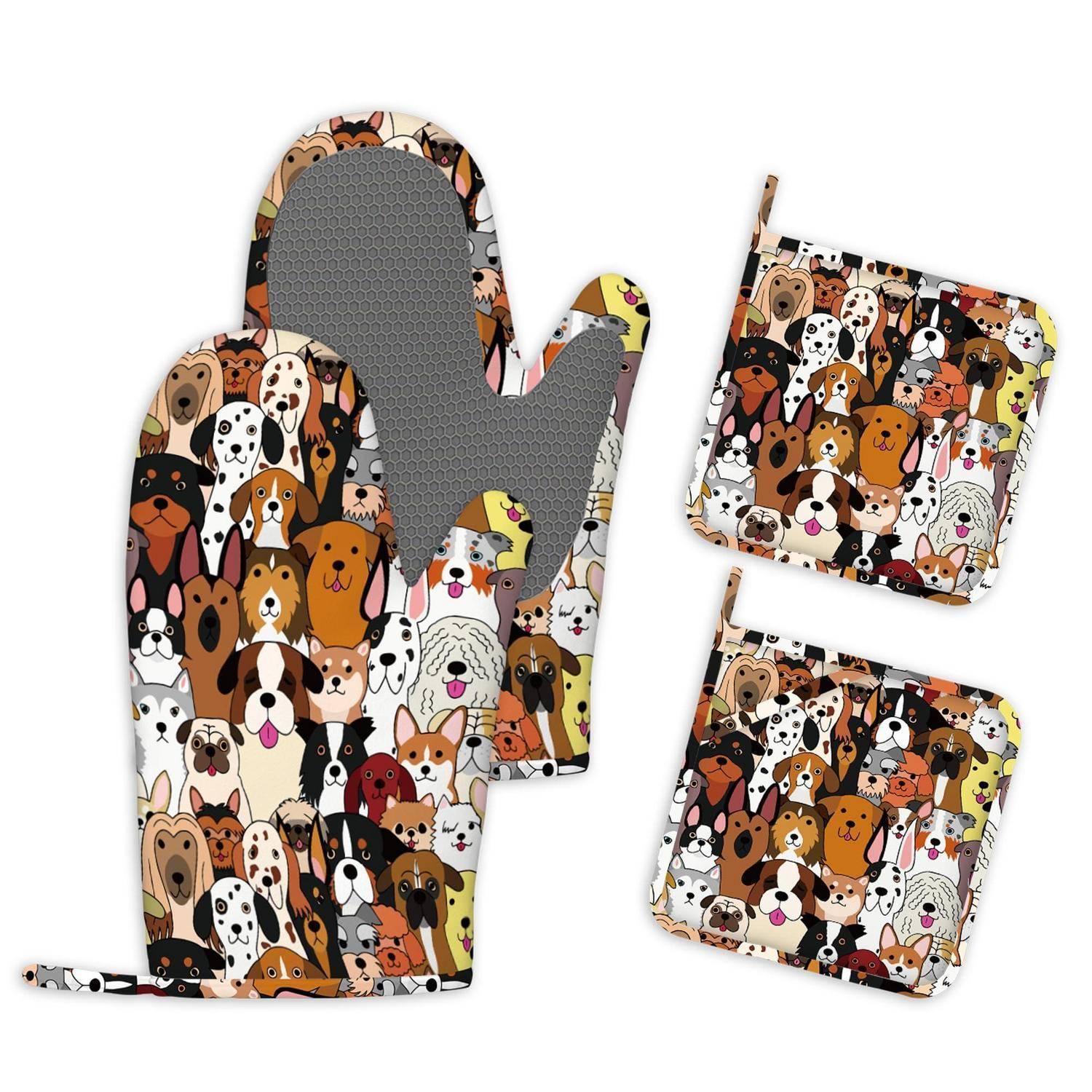 Ofenhandschuhe & Topflappen Set 4tlg. Hitzebeständig Silikon Rutschfest Hunde-Design