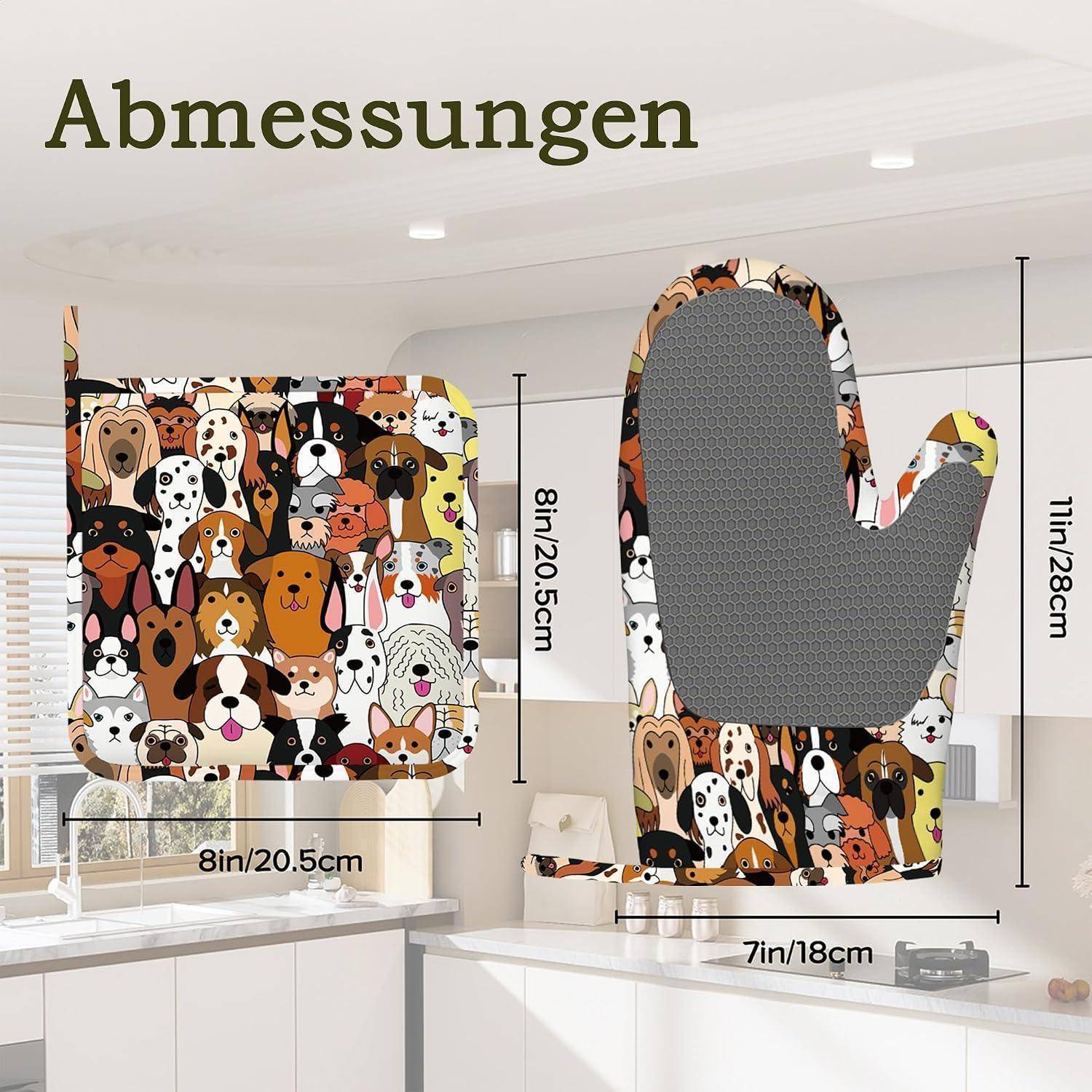 Ofenhandschuhe & Topflappen Set 4tlg. Hitzebeständig Silikon Rutschfest Hunde-Design