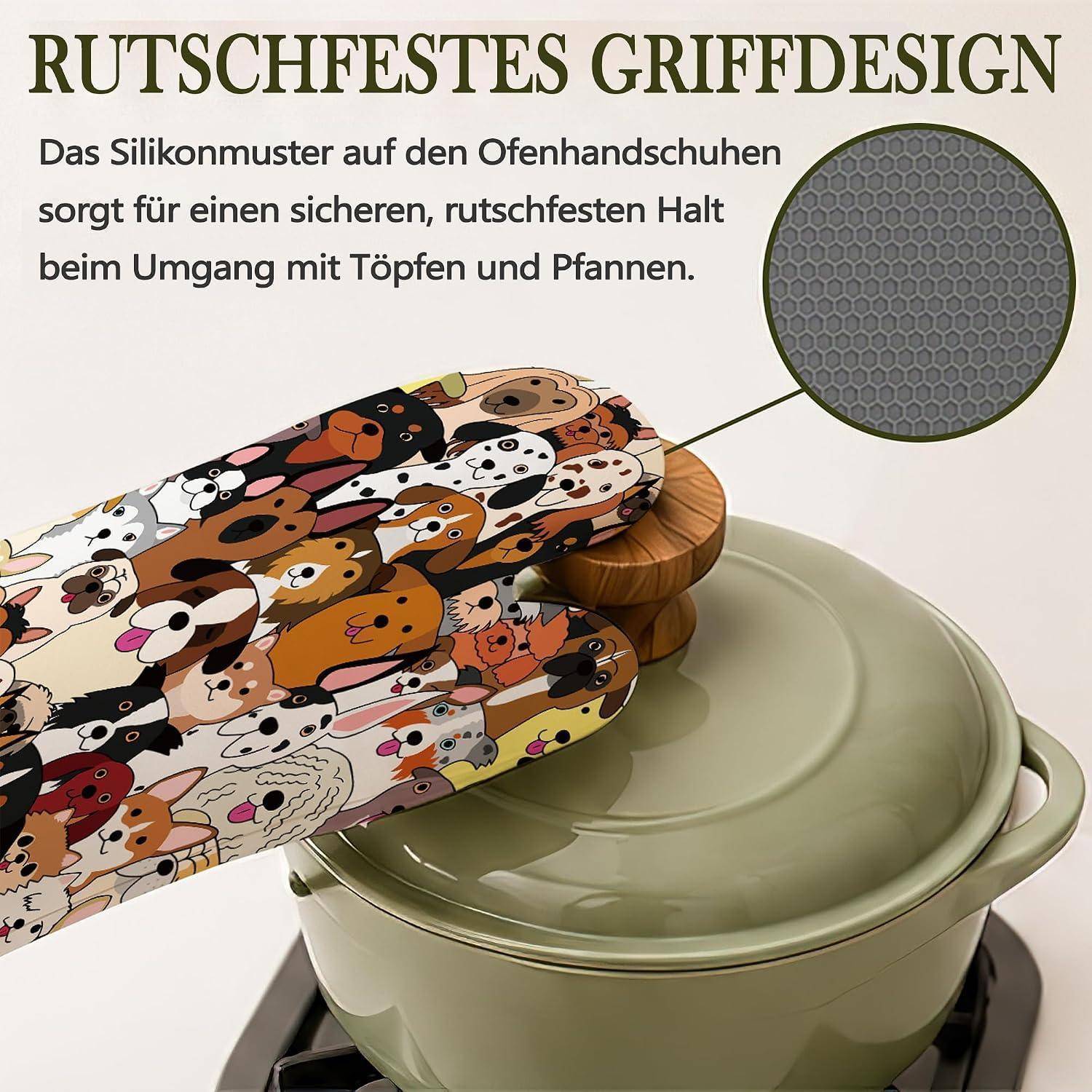 Illustration von Ofenhandschuhen mit einem bunten Hundemuster, die einen heißen Topf greifen, wobei eine Silikonstruktur für sicheren, rutschfesten Griff hervorgehoben wird.