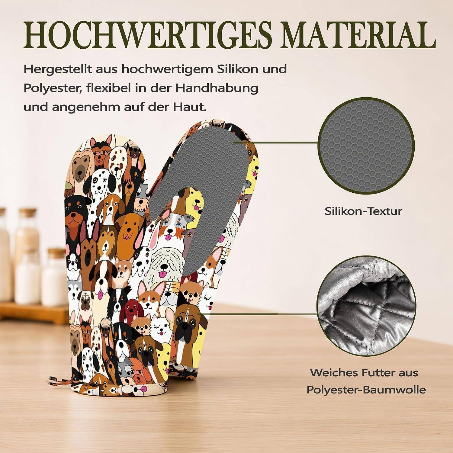Ofenhandschuhe & Topflappen Set 4tlg. Hitzebeständig Silikon Rutschfest Hunde-Design