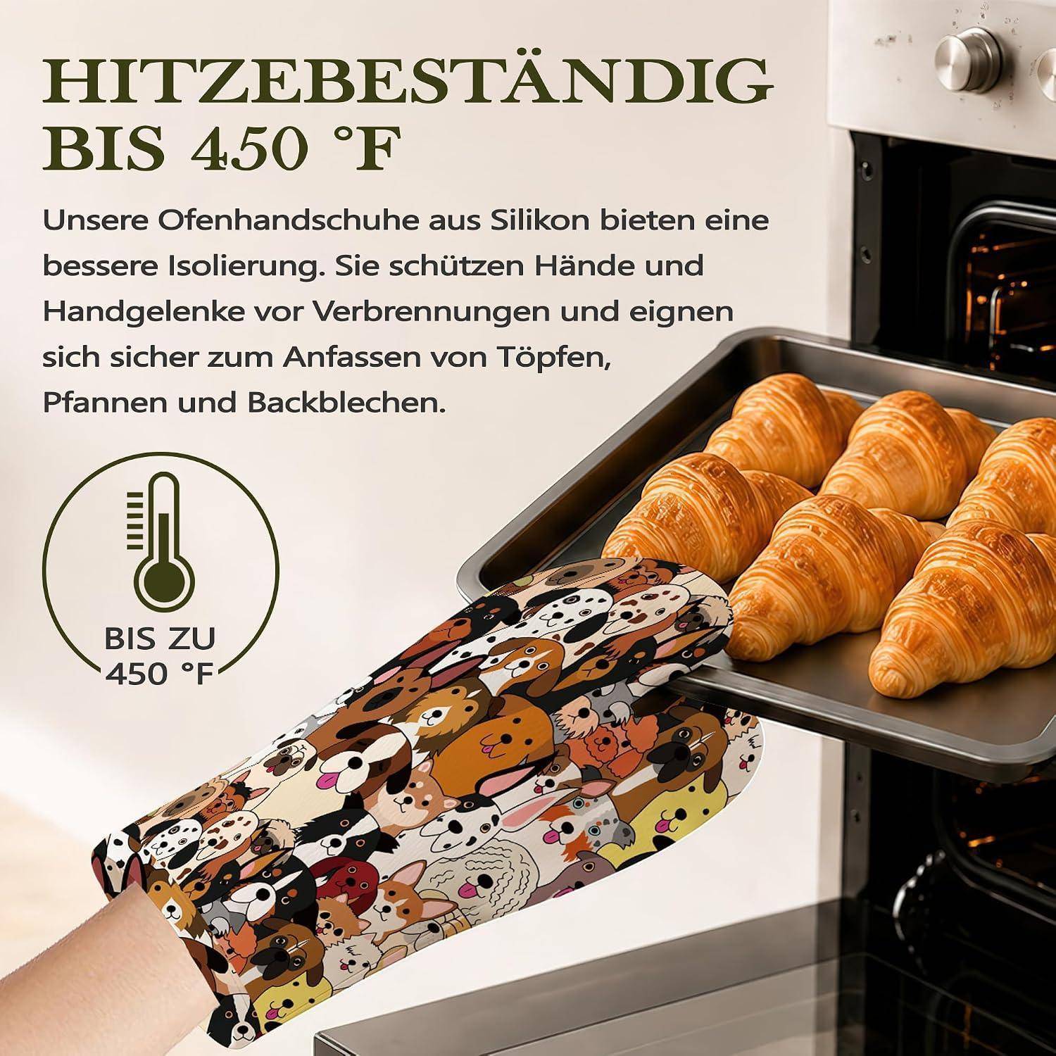 Anzeige für Silikon-Ofenhandschuhe, hitzebeständig bis 450°F, zeigt eine Hand, die ein mit Croissants gefülltes Backblech aus einem Ofen hält.