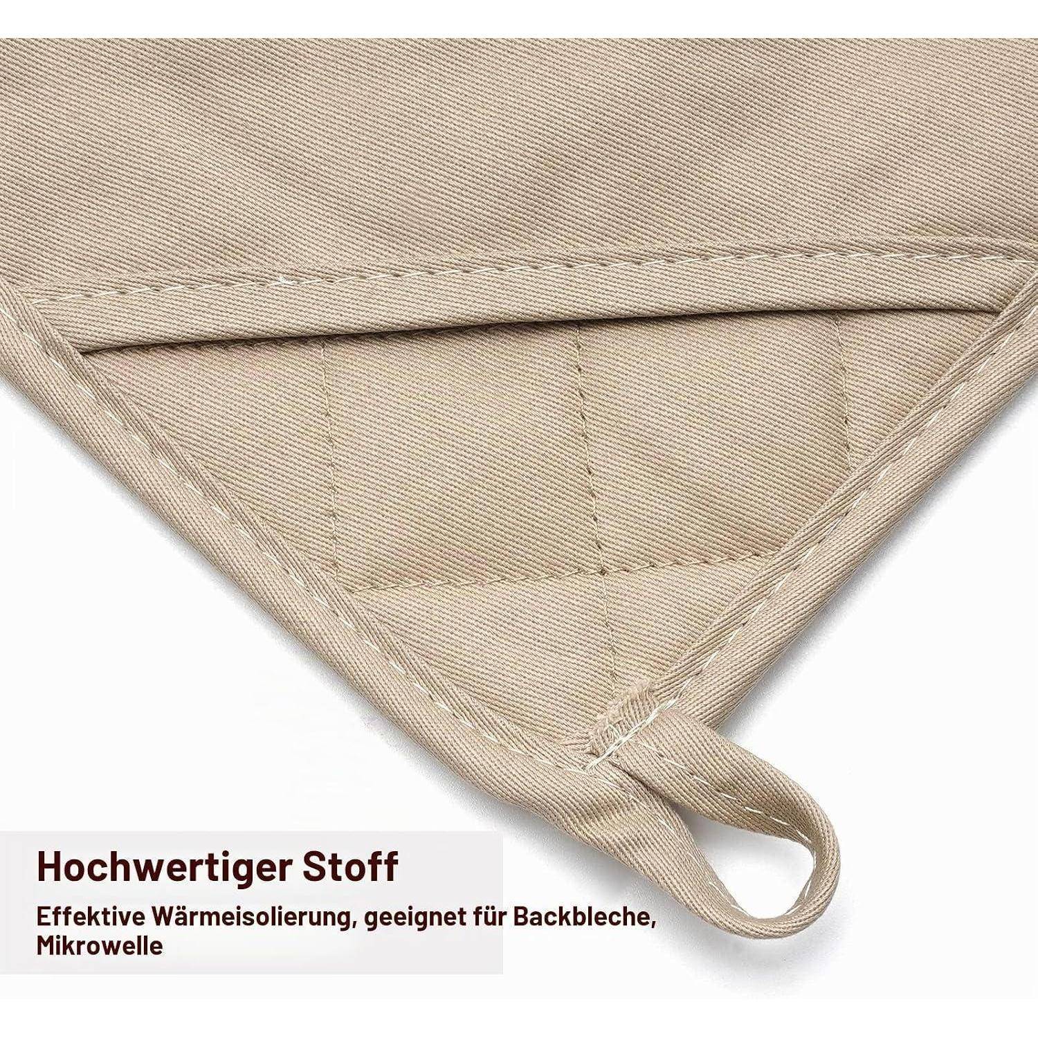 Beige gesteppter Ofenhandschuh mit Aufhängeschlaufe; Text sagt „Hochwertiger Stoff