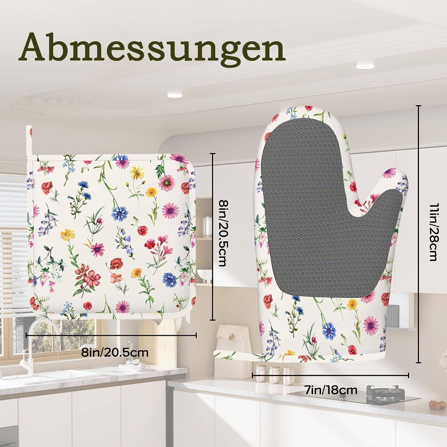 Größenleitfaden für einen geblümten Ofenhandschuh und eine passende Topflappen, zeigt Vorder- und Rückansichten mit Abmessungen: Handschuh 11 x 7 Zoll und Topflappen 8 x 8 Zoll.