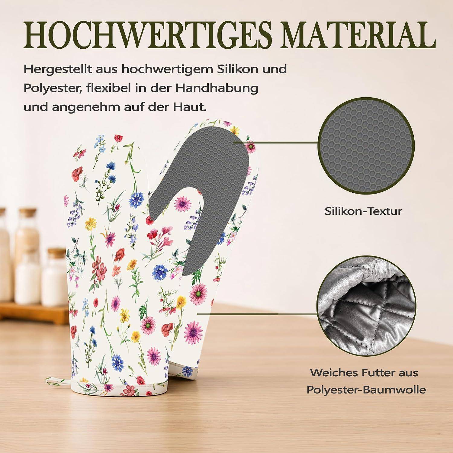 Werbebild einer Blumenmuster-Ofenhandschuh mit hitzebeständigem Silikon-Griff, mit Nahaufnahmen mit den Bezeichnungen „Silikon-Textur