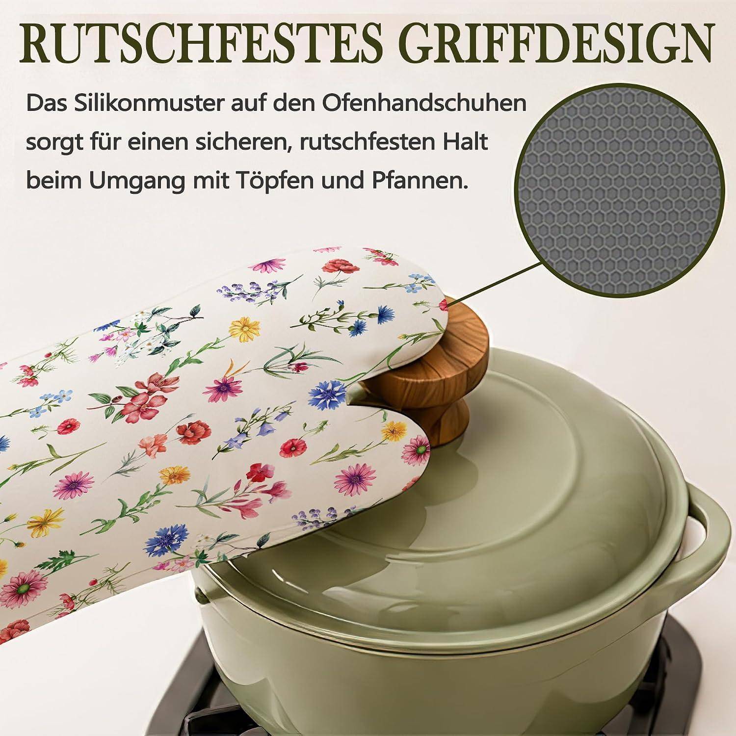 4er-Set Ofenhandschuhe Topflappen Silikon Hitzebeständig Blumenmuster