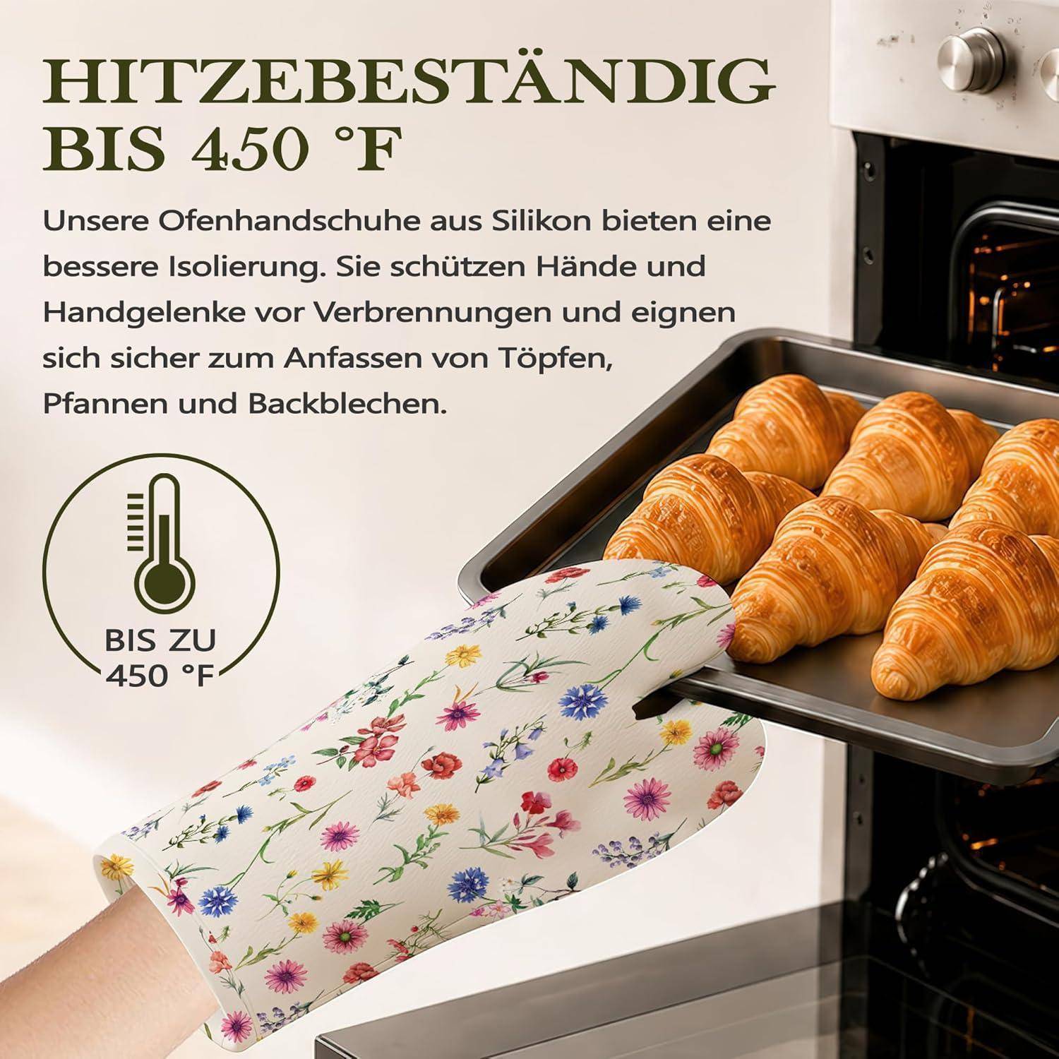 4er-Set Ofenhandschuhe Topflappen Silikon Hitzebeständig Blumenmuster