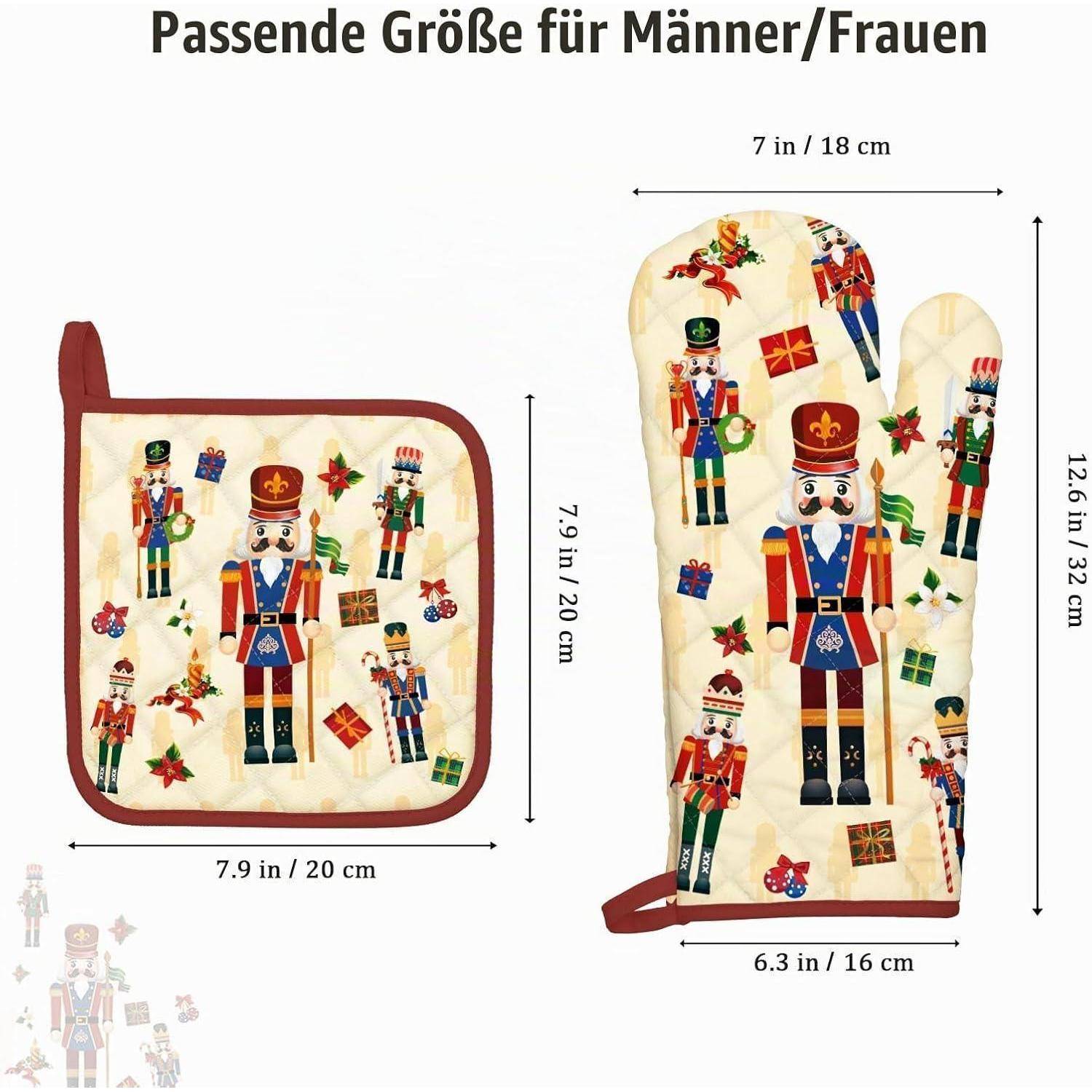 Größenleitfaden für Herren/Damen mit passendem Ofenhandschuh und Topflappen: Handschuh 12,6 x 6,3 Zoll, Topflappen 7,9 x 7,9 Zoll