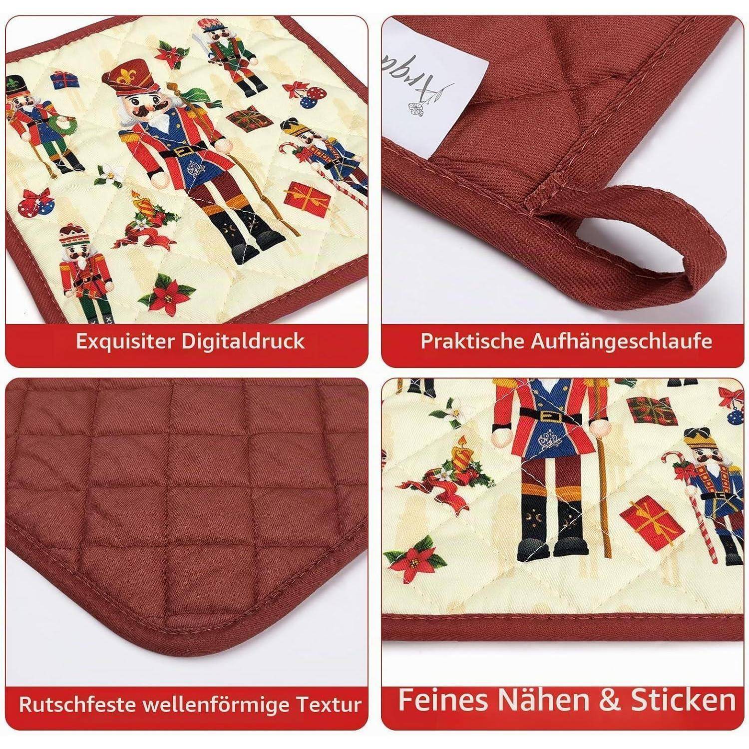 Collage eines gesteppten Weihnachtstischsets mit Spielzeugsoldat-Druck, zeigt das Vordermuster, die Aufhängeschlaufe, die rutschfeste strukturierte Rückseite und die genähten Kanten.