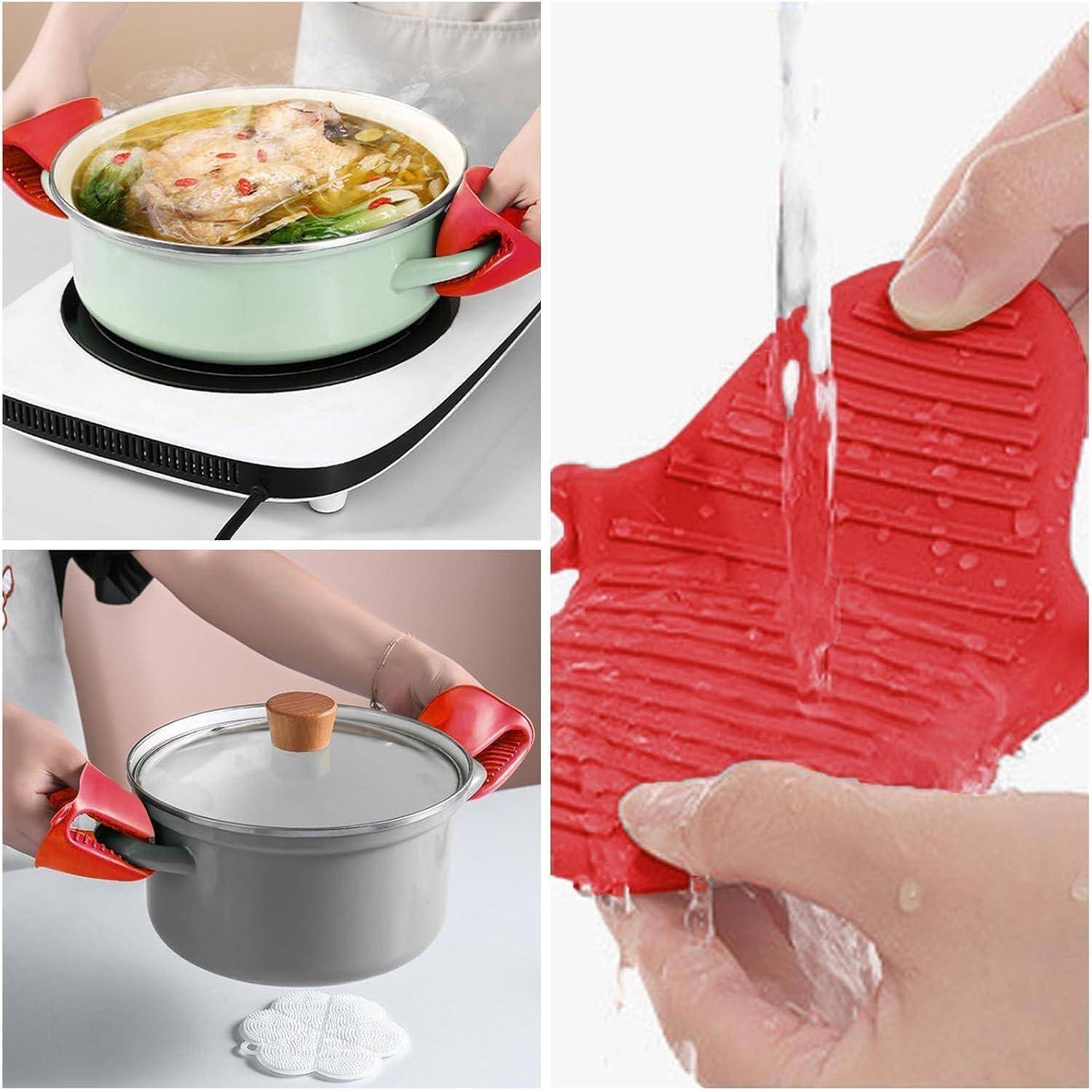 Rote Silikongriffe für Töpfe, die einen heißen Topf zeigen, der sicher angehoben und gehalten wird, sowie eine Hand, die den Griff unter fließendem Wasser wäscht.